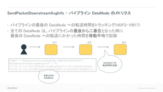 37 © Cloudera, Inc. All rights reserved.
SendPacketDownstreamAvgInfo - パイプライン DataNode のメトリクス
• パイプラインの最後の DataNode への転送時間をトラッキング(HDFS-10917)
• 全ての DataNode は、パイプラインの最後から二番目となった時に
最後の DataNode への転送にかかった時間を移動平均で記録
dn1 dn2 dn3
dn2はdn3への
転送時間を記録
"name" : "Hadoop:service=DataNode,name=DataNodeInfo",
"SendPacketDownstreamAvgInfo" : "{
"[172.31.112.242:9864]RollingAvgTime":0.8711560381546584,
"[172.31.113.53:9864]RollingAvgTime":0.4051608579088472}",
自身以外の
DataNode
 