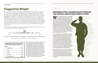 Health Metrics
HEALTH METRICS 3534 2019 HEALTH OF THE ARNG FORCE REPORT
Flagged for Weight
The ABCP, as directed by DODI 1308.3 (DOD, 2002) and AR 600-9, requires Soldiers to be physically
fit. According to the ABCP, the maximum allowable body fat threshold is 26% for males and 36% for
females (as shown in the BMI Thresholds Table in Appendix I). Following APFT, Soldiers are required
to undergo bi-annual anthropometric measurements of height and weight for BMI calculation. When the
allowable BMI is exceeded for sex and age group, circumferential measures (known as the “tape test”) of
the Soldier’s neck, waist, and hips are collected to better estimate body composition. A Soldier with a
relative body fat percentage that exceeds the maximum allowable sex and age standard is “flagged” and is
enrolled in the ABCP on the day he or she is notified of the failure. Once enrolled in the ABCP, Soldiers
receive exercise guidance, nutrition counseling, and behavioral modification strategies to assist in aligning
their body composition with the Army sex and age standards. The ABCP weighs participating Soldiers
monthly, with a goal of losing 3 to 8 pounds or 1% body fat per month until the Army sex and age stan-
dards are achieved. 
In FY18, 4.9% of ARNG Soldiers were flagged for exceeding their maximal allowable weight, and 24% of
ARNG Soldiers were classified as being obese (BMI ≥ 30).
Overall, 4.9% of ARNG Soldiers were flagged for exceeding their maximal allowable weight.
Rates ranged from 1.7% to 8.1% across the States/Territories.
4.9%
1.7% 8.1%
1. Puerto Rico	 1.7%
2. Utah	2.4%
3. Idaho	2.4%
4. Virginia	2.8%
5. South Dakota	3.0%
States/Territories with the Lowest Proportion
of ARNG Soldiers Flagged for Weight, FY18
RANK
According to AR 600–9, those Soldiers classified as obese
had exceeded the maximal allowable weight for their
sex and age group and should have been flagged for a
body composition measurement. The ultimate deci-
sion to flag Soldiers exceeding their maximal allowable
weight is at command discretion, which may account
for the difference between the proportion of ARNG Sol-
diers who were flagged for weight and the proportion
identified as obese. The ABCP is built on the ideal of
consistent bi-annual anthropometric measurements to
assist Soldiers in gauging their height, weight, and body
fat and ultimately conforming to the Army standards.
The potentially inconsistent identification of Soldiers
who exceed the maximal allowable threshold may con-
tribute to higher APFT failure rates, more chronic health
conditions, and lower overall Soldier readiness.
INFORMING TOTAL SOLDIER HEALTH THROUGH
THE HOLISTIC HEALTH AND FITNESS SYSTEM
S P O T L I G H T
W
ith 13% of ARNG Soldiers not able to deploy
due to medical non-readiness, improving
the health of the individual Soldier is at the
foundation of the ARNG’s ability to deploy, flight, and
win the Nation’s wars. Soldier health is multi-faceted
and includes much more than traditional physical
indicators of well-being. Behavioral health, stead-
fastness, rest, and nutrition must be optimized
and integrated with the physical domain to
develop a ready and resilient Soldier. With this
objective in mind, the Army has compiled 30 years
of research to create the Holistic Health and Fitness
(H2F) system. The vision of H2F is to immerse Soldiers
in a new culture that sustains their health readiness
and enables them to meet current and future mission
needs throughout their Army careers.
H2F is a comprehensive, integrated, and immersive
health and fitness system that increases the lethality
of Soldiers who are ready to engage with and over-
match the enemy in multi-domain operations. The
system accomplishes this by addressing physical
readiness and mental toughness components and
measuring the effectiveness of applicable programs
and interventions. The physical and non-physical
components of fitness are shaped by policy, doctrine,
performance experts, programs, facilities, and ed-
ucation. As a system, these elements (often absent
from—or out of synch with—legacy fitness programs)
are aimed to comprehensively support the physical,
mental, and other aspects of Soldier readiness.
The implementation of H2F aims to positively impact
overall physical fitness, medical readiness, and unit
cohesion and morale; and reduce the number of
indiscipline events and ABCP enrollments. Collec-
tively, the H2F system will better position the ARNG
to accomplish both combat and local deployment
tasks by supporting the holistic health and fitness of
its Soldiers.
PEACE
INTEGRATIVE
FOOD
MINERALS
ENERGY
VITAMINS
MEDICINE
FRUITS
NATURAL
EMOTIONS
EXERCISE
NUTRITION
SCIENTIFIC
HOPE
HOLISTIC HEALTH
VEGETABLES
FITNESS
LIFESTYLE
TRADITIONAL
BALANCE
HERBS
MIND
BODY
TRAINING
SPIRIT
PREVENTION
DIET
CHANGE
 