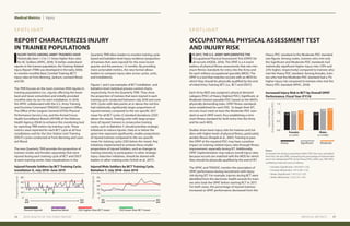 Medical Metrics Injury
MEDICAL METRICS 1918 2019 HEALTH OF THE FORCE REPORT
OCCUPATIONAL PHYSICAL ASSESSMENT TEST
AND INJURY RISK
REPORT CHARACTERIZES INJURY
IN TRAINEE POPULATIONS
S P O T L I G H TS P O T L I G H T
I
N 2017, THE U.S. ARMY IMPLEMENTED THE
Occupational Physical Assessment Test (OPAT) for
all recruits (HQDA, 2016). The OPAT is a 4-event
battery of physical fitness assessments that sets min-
imum fitness standards for entry into the Army and
for each military occupational specialty (MOS). The
OPAT is a tool that matches recruits with an MOS for
which they should be physically qualified by the end
of Initial Entry Training (IET) (i.e., BCT and OSUT).
	
Each Army MOS was assigned a physical demand
category (PDC) of Heavy (highest PDC), Significant, or
Moderate (lowest passable PDC) based on the MOS’s
physically demanding tasks. OPAT fitness standards
were established for each PDC. To begin their IET,
recruits must meet at least the Moderate PDC stan-
dard on each OPAT event, thus establishing a mini-
mum fitness standard for both entry into the Army
and for each MOS.
	
Studies show lower injury risks for trainees and Sol-
diers with higher levels of physical fitness, particularly
aerobic fitness (Knapik et al., 2001). Training to pass
the OPAT at the required PDC may have a positive
impact on training-related injury rates through fitness
improvement, especially during IET. Additionally,
OPAT implementation may reduce overall injury rates
because recruits are matched with the MOS for which
they should be physically qualified by the end of IET.
	
The APHC and TRADOC monitor the association of
OPAT performance during recruitment with injury
risk during IET. For example, injuries during BCT were
identified from the electronic health records for train-
ees who took the OPAT before starting BCT in 2017.
For both sexes, the percentage of injured trainees
increased as OPAT performance decreased from the
I
NJURY RATES AMONG ARMY TRAINEES HAVE
historically been 1.3 to 1.7 times higher than rates
for AC Soldiers (APHC, 2018). To better understand
injuries in the trainee population, the Training-Related
Injury Report (TRIR) was developed in the early 2000s
to monitor monthly Basic Combat Training (BCT)
injury rates at Forts Benning, Jackson, Leonard Wood,
and Sill.
The TRIR focuses on the most common MSK injuries in
training populations (i.e., injuries affecting the lower
back and lower extremities) and initially provided
monthly rates by sex for each installation. In 2018,
the APHC collaborated with the U.S. Army Training
and Doctrine Command (TRADOC) Surgeon’s Office,
The Office of the Surgeon General (OTSG) Physical
Performance Service Line, and the Armed Forces
Health Surveillance Branch (AFHSB) of the Defense
Health Agency (DHA) to enhance this monitoring tool
by reporting TRIR metrics by training cycle. These
metrics were reported for each BCT cycle at all four
installations and for the One Station Unit Training
(OSUT) cycles conducted at Forts Benning and Leon-
ard Wood.
The new Quarterly TRIR provides the proportion of
trainees (males and females separately) that were
injured during each training cycle of BCT and OSUT
at each training center. Data visualizations in the
Heavy PDC standard to the Moderate PDC standard
(see figure). Among males, trainees who met only
the Significant and Moderate PDC standards had
statistically significant higher injury risks (19% and
23% higher, respectively) compared to trainees who
met the Heavy PDC standard. Among females, train-
ees who met the Moderate PDC standard had a 7%
higher injury risk compared to trainees who met the
Heavy PDC standard (APHC, 2018).
Quarterly TRIR allow leaders to monitor training cycle-
based and battalion-level injury incidence (proportion
of trainees that were injured) for the most recent
quarter and the previous 12 months. By providing
more actionable metrics, the new format allows
leaders to compare injury rates across cycles, units,
and installations.
	
Figures 1 and 2 are examples of BCT installation- and
battalion-level statistical process control charts,
respectively, from the Quarterly TRIR. They show
the proportion of trainees that were injured in each
training cycle conducted between July 2018 and June
2019. Cycles with data points at or above the red line
had statistically significantly larger proportions of
injured trainees compared to the sex-specific 2017
mean for all BCT cycles (2 standard deviations (2SD)
above the mean). Training units with large propor-
tions of injured trainees in consecutive training
cycles, such as Battalion Y, should prioritize strategic
initiatives to reduce injuries. Data at or below the
green line represent significantly smaller proportions
of injured trainees compared to the sex-specific
mean for training cycles (2SD below the mean). Any
initiatives implemented to achieve these smaller
proportions of injured Soldiers, such as changes to
training intensity or participation in other strategic
injury reduction initiatives, should be shared with
leaders in other training units (Schuh et al., 2017).
Notes:
Increased risk of injury presented within PDC bars was calculated
from the risk ratio (RR), comparing the percentage of injured train-
ees in the designated PDC to the Heavy PDC within sex. RRs (95%
confidence interval) were as follows:
•	 Females (Significant): 1.04 (0.97–1.12).
•	 Females (Moderate): 1.07 (1.00–1.15).
•	 Males (Significant): 1.19 (1.12–1.27).
•	 Males (Moderate): 1.23 (1.15–1.31).
Heavy
Percent Injured Baseline Mean 2SD higher than BCT mean 2SD lower than BCT mean
Significant Moderate
InjuryRiskRatio
(ComparedtoHeavyPDC)
ProportionInjured
ProportionInjured Increased Injury Risk in BCT by Overall OPAT
Performance, Fiscal Year (FY)18
Injured Female Soldiers by BCT Training Cycle,
Installation X, July 2018–June 2019
Injured Male Soldiers by BCT Training Cycle,
Battalion Y, July 2018–June 2019
20
40
0
60
80
July
2018
June
2019
10
20
30
0
40
50
July
2018
June
2019
0.5
1.0
0.0
1.5
Females
(n=3,852)
Males
(n=13,060)
1.00
1.19 1.23
1.00 1.04 1.07
 