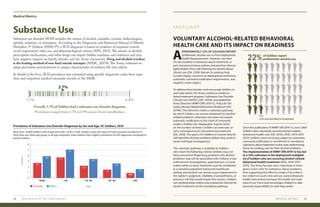 Medical Metrics
MEDICAL METRICS 3130 2019 HEALTH OF THE FORCE REPORT
Prevalence of Substance Use Disorder Diagnoses by Sex and Age, AC Soldiers, 2018
More than 18,000 Soldiers were diagnosed with a SUD in 2018. Soldiers under the age of 25 had a greater prevalence of
SUDs than any other age group. In all age categories, male Soldiers had a higher prevalence of SUD diagnoses compared to
female Soldiers.
Age
Overall, 3.7% of Soldiers had a substance use disorder diagnosis.
Prevalence ranged from 1.7% to 6.9% across Army installations.
3.7%
1.7% 6.9%
Substance Use
Substance use disorder (SUD) includes the misuse of alcohol, cannabis, cocaine, hallucinogens,
opioids, sedatives, or stimulants. According to the Diagnostic and Statistical Manual of Mental
Disorders, 5th
Edition (DSM-5®), a SUD diagnosis is based on evidence of impaired control,
social impairment, risky use, and pharmacological criteria (APA, 2013). The misuse of alcohol,
prescription medications, and other drugs can impact Soldier readiness and resilience and may
have negative impacts on family, friends, and the Army community. Drug and alcohol overdose
is the leading method of non-fatal suicide attempts (APHC, 2017b). The Army continues to
adapt prevention and treatment to unique characteristics of military life and culture.
In Health of the Force, SUD prevalence was estimated using specific diagnostic codes from inpa-
tient and outpatient medical encounter records in the MDR.
Total <25 25–34 35–44 ≥45
0
1
2
4
6
3
5
2.7
3.7
2.2
3.9
3.4
5.1
1.5
2.6
1.6
0.89
Percent
Females Males
VOLUNTARY ALCOHOL-RELATED BEHAVIORAL
HEALTH CARE AND ITS IMPACT ON READINESS
S P O T L I G H T
A
PPROXIMATELY 22% OF SOLDIERS REPORT
problematic alcohol use on Post-Deployment
Health Reassessments. However, less than
2% are enrolled in substance abuse treatment, in
part, because previous policies and practices discour-
aged Soldiers from self-referring for alcohol abuse
clinical care (DA, 2018). Barriers to seeking help
include stigma, concerns on deployment restrictions,
automatic command notification requirements, and
negative career impact.
	
To address these barriers and encourage Soldiers to
seek help earlier, the Army created an evidence-
based treatment program, Substance Use Disorder
Clinical Care (SUDCC) (DA, 2019a), and published
Army Directive (ARMY DIR) 2019-12, Policy for Vol-
untary Alcohol-Related Behavioral Healthcare (DA,
2019b). This directive creates a voluntary pathway
by which Soldiers can receive treatment for alcohol-
related problems. Voluntary care does not require
automatic notification to the chain of command,
render a Soldier non-deployable, impose limits
on the number of times a Soldier can seek care, or
carry consequences for discontinuing treatment
(DA, 2018). The goal is for Soldiers to receive help for
self-identified alcohol problems before they result in
career and legal consequences.
	
The voluntary pathway is available to Soldiers
who meet the following criteria: Soldiers may not
have concurrent illegal drug problems; the alcohol
problems may not be associated with military or law
enforcement investigations, apprehension, or intox-
ication while on duty; treatment must be completed
in a standard outpatient behavioral healthcare
setting; and alcohol use cannot cause impairment to
the Soldier’s judgment, reliability, trustworthiness, or
present a risk that would impact the mission. Soldiers
not meeting these criteria may instead be referred for
alcohol treatment via the mandatory pathway.
	
Since the publication of ARMY DIR 2019-12, over 5,800
Soldiers have voluntarily received alcohol-related
behavioral health care (DA, 2019c; DHA, 2019; DOT,
2019). Soldiers cited not being subject to automatic
command notification or enrollment in mandatory
substance abuse treatment as the main determining
factor for seeking care for their alcohol problems.
The implementation of ARMY DIR 2019-12 has led
to a 34% reduction in the deployment ineligibil-
ity of Soldiers who are receiving alcohol-related
behavioral health treatment (DHA, 2019; DOT,
2019). The Army has also seen a decrease in emer-
gency room visits for substance abuse problems,
thus supporting the effort to create a Force that is
less reliant on acute crisis services. Early behavioral
health intervention increases the health and read-
iness of our Force and encourages Soldiers to take
personal responsibility to seek help earlier.
22%of Soldiers report
problematic alcohol use.
<2% are enrolled in treatment.
}
 