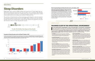 Age
Overall, 14% of Soldiers had a diagnosed sleep disorder.
Prevalence ranged from 8.0% to 24% across Army installations.
14%
8.0% 24%
Sleep Disorders
High-quality sleep is critical to Soldier readiness and mission success. A good night’s sleep can
help increase productivity and decrease the risk of accidents, errors, and injuries. Sleep disorders
that can impair readiness and function, including sleep apnea, insomnia, hypersomnia, circadian
rhythm sleep disorder, and narcolepsy were assessed in Health of the Force.
The prevalence of sleep disorders was determined using specific diagnostic codes from inpatient
and outpatient medical encounter records in the MDR. Soldiers may have more than one sleep
disorder; however, the overall prevalence of sleep disorders represents the proportion of AC Sol-
diers who have at least one of the sleep disorders assessed.
Medical Metrics
MEDICAL METRICS 3332 2019 HEALTH OF THE FORCE REPORT
Prevalence of Sleep Disorders by Sex and Age, AC Soldiers, 2018
In 2018, approximately 14% of Soldiers had a sleep disorder. The prevalence of sleep disorders increased with age and
was more common among males than females in the older age categories. The percentage of Soldiers diagnosed with
a sleep disorder has remained relatively constant over the past 5 years.
Percent
Total <25 25–34 35–44 ≥45
0
10
20
40
30
50
14
9.0
1314
12
5.8
25
31
45
36
Females
Females
Males
Males
Most Frequently Diagnosed Sleep Disorders by Sex, AC Soldiers, 2018
Sleep apnea and insomnia diagnoses made up more than
50% of the diagnosed sleep disorders in 2018. Sleep apnea
accounted for 37% of all sleep disorder diagnoses. The majority
of these diagnoses were for obstructive sleep apnea, a disorder
that is linked to being overweight or obese. The percentage
of males diagnosed with sleep apnea was over 2 times greater
than that of females. Insomnia accounted for 36% of sleep
disorder diagnoses. In contrast to sleep apnea, the percentage
of females diagnosed with insomnia was over 1.5 times greater
than that of males.
Percent
0 108642
Sleep Apnea
3.3
Insomnia
90
7.8
9.7
6.5
MAXIMIZE SLEEP IN THE OPERATIONAL ENVIRONMENT
S P O T L I G H T
I
IN THE OPERATIONAL ENVIRONMENT, SLEEP OFTEN BECOMES A LOW PRIORITY. MAXIMIZING
sleep opportunities in the field is the responsibility of both Soldiers and leaders, and the following
recommendations from the Walter Reed Army Institute of Research complement Performance Triad
recommendations. Remember, going without sleep is no more a “badge of honor” than going
without food or water. Soldiers who obtain sufficient sleep have a tactical advantage.
» PLANNING. Planning for sleep should be embedded
into troop-leading procedures. Make sleep a priority, and
provide operational strategies for maximizing sleep.
» SLEEPING BEHAVIORS. Exercising to exhaustion, con-
suming heavy meals, taking certain medications, and
consuming caffeine and/or alcohol close to bedtime can
disrupt sleep. Obtaining sufficient sleep takes planning;
schedule wake-promoting behaviors for times that will
not disrupt sleep.
» TACTICAL NAPPING. Napping can boost daytime
alertness and should be encouraged. During sustained
and continuous operations, take advantage of shorter
opportunities for sleep while promoting safety until the
next opportunity for a longer sleep period occurs.
» CAFFEINE OPTIMIZATION. Structured caffeine dosage
and timing throughout the 24-hour day can temporarily
boost alertness during sustained and continuous opera-
tions. Caffeine does not replace sleep, however, and can
be disruptive when consumed before bedtime. Avoid
consumption of caffeine approximately 6 hours prior to
bedtime.
» SLEEP ENVIRONMENT. Reducing ambient noise and
light, maintaining a cool temperature, and sleeping on
a comfortable surface can promote restorative sleep in
operational environments. Designate safe sleeping areas
away from vehicles/high-risk equipment to reduce the
risk of accidents, injury, and/or death.
» SLEEP BANKING. Sleep loss has compounding, cumu-
lative effects. Soldiers who are running on little sleep
will be less resilient during the next period of sleep loss.
When sleep loss is unavoidable,“bank”sleep ahead of
time by sleeping more than usual. This investment can
help Soldiers be more vigilant and effective.
» WHEN YOU SLEEP MATTERS. Exposure to light close to
sleep time (especially blue light from electronic devic-
es) can shift the body’s internal clock and disrupt sleep.
Avoid bright light close to sleep time; if electronics can’t
be avoided, use a blue-light filter. Get bright light expo-
sure in the morning to prevent misalignment. If possible,
try to sleep during the night for more restorative sleep.
 
