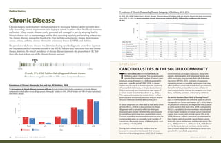 Medical Metrics
MEDICAL METRICS 5150 2019 HEALTH OF THE FORCE REPORT
Chronic Disease
Chronic diseases hinder military medical readiness by decreasing Soldiers’ ability to fulfill physi-
cally demanding mission requirements or to deploy to remote locations where healthcare resources
are limited. Many chronic diseases can be prevented and managed in part by adopting healthy
lifestyle choices such as maintaining a healthy diet, exercising regularly, and avoiding tobacco use.
The chronic diseases assessed in Health of the Force include cardiovascular disease, hypertension,
cancer, asthma, arthritis, chronic obstructive pulmonary disease (COPD), and diabetes.
The prevalence of chronic diseases was determined using specific diagnostic codes from inpatient
and outpatient medical encounter records in the MDR. Soldiers may have more than one chronic
disease; however, the overall prevalence of chronic disease represents the proportion of AC Sol-
diers who have at least one of the chronic diseases assessed.
Overall, 19% of AC Soldiers had a diagnosed chronic disease.
Prevalence ranged from 13% to 37% across Army installations.
19%
13% 37%
Prevalence of Chronic Disease by Sex and Age, AC Soldiers, 2018
The prevalence of chronic disease increases with age. Female Soldiers had a higher prevalence of chronic disease
compared to male Soldiers across all age groups. Among AC Soldiers in 2018, 21% of females and 18% of males had at least
one chronic disease.
Age
Percent
Percent
Females Males
Total <25 25–34 35–44 ≥45
0
20
40
60
80
21
6.4
23
18 17
3.9
50
44
69
73
Prevalence of Chronic Diseases by Disease Category, AC Soldiers, 2014–2018
In 2018, 19% of AC Soldiers had a chronic disease. The prevalence of Soldiers with any chronic disease has been decreasing
since 2015. In 2018, the most prevalent chronic disease was arthritis (9.3%), followed by cardiovascular disease
(6.0%).
CANCER CLUSTERS IN THE SOLDIER COMMUNITY
S P O T L I G H T
T
HE NATIONAL INSTITUTES OF HEALTH
defines a cancer cluster as “the occurrence of a
greater than expected number of cancer cases
among a group of people in a defined geographic
area over a specific period” (NIH, 2018). A cancer
cluster may be due to a shared exposure, clustering
of susceptible individuals, or simply due to chance.
Only in extremely rare instances is a clear cause of
a cancer cluster revealed (Goodman et al., 2012).
The response to a potential cancer cluster is often
politically and emotionally sensitive and can also be
resource intensive (Sharkey & Hauschild, 2013).
	
A cancer diagnosis can often lead to fear and a sense
of crisis (NCCS, 2019). It is also common for those
diagnosed with a cancer to reflect on their past
exposures and wonder whether they were exposed
to something which may have caused their cancer.
Concern regarding environmental exposures may be
compounded when an unusually large number of
cancers are diagnosed among a defined group, such
as a military unit (VA, 2019).
	
During their military service, Soldiers may be
exposed to environmental hazards that increase
their risk of developing cancers (NRC, 2013). Soldiers’
environmental carcinogen exposures, along with
genetic, demographic, and behavioral factors and
other exposures, may increase their risk of develop-
ing cancer (ATSDR, 2011). Examples of exposures
containing known or possible carcinogens that may
affect Soldiers’ cancer risk include burn pit emissions,
fumes from fires, exhaust fumes from vehicles or
machinery, solvents, intense sun, weapons and muni-
tions, pesticides, asbestos, and ionizing radiation.
Are Service Members More Likely to Develop Cancer?
Each of the more than 100 different types of cancers
has specific risk factors and causes (ACS, 2019). Nearly
40 percent of Americans are diagnosed with a cancer
at some point in their lives (ACS, 2019). Compared to
the U.S. population, Service members are estimated
to have lower incidence of overall cancer, colorectal
cancer, lung cancer, and cervical cancer (Zhu et al.,
2009). However, military personnel are estimated to
have higher rates of prostate cancer, breast cancer,
testicular cancer, melanoma, and thyroid cancer (Zhu
et al., 2009; Levine et al., 2005; Lea et al., 2014). Based
on the literature, Service members can be said to
have a mixed risk profile for developing cancer com-
pared to the overall U.S. population.
The sum of disease categories is greater than the any chronic disease prevalence, as Soldiers may have more than one condition.
0
10
20
2014Year: 2015 2016 2017 2018
Any (%) 19 192020 21
Cardiovascular (%) 6.1 6.06.56.4 6.8
Hypertension (%) 5.8 5.66.26.5 6.4
Arthritis (%) 9.4 9.39.58.6 9.1
Asthma (%) 2.6 2.52.72.6 2.6
COPD (%) 1.1 1.01.31.4 1.4
Diabetes (%) 0.3 0.30.50.5 0.5
Cancer (%) 0.4 0.40.40.3 0.4
 