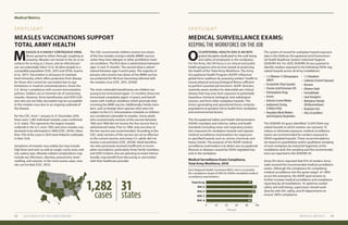 Medical Metrics
52 2019 HEALTH OF THE FORCE REPORT MEDICAL METRICS 53
MEASLES VACCINATIONS SUPPORT
TOTAL ARMY HEALTH
MEDICAL SURVEILLANCE EXAMS:
KEEPING THE WORKFORCE ON THE JOB
S P O T L I G H T S P O T L I G H T
M
EASLES IS A HIGHLY CONTAGIOUS VIRAL
illness spread to others through coughing or
sneezing. Measles can remain in the air or on
surfaces for as long as 2 hours, and an infected per-
son can potentially infect 12 to 18 other people in a
susceptible population (CDC, 2015 and 2019c; Guerra
et al., 2017). Vaccination is necessary to maintain
herd immunity, which offers protection from disease
for those who cannot be vaccinated due to age
limitations or medical contraindications. Given the
U.S. Army’s compliance with current immunization
policies, Soldiers are at minimal risk of contracting
measles. However, Army beneficiaries and DOD Civil-
ians who are not fully vaccinated may be susceptible
to the measles virus due to an ongoing outbreak of
the disease.
	
Per the CDC, from 1 January to 31 December 2019,
there were 1,282 individual measles cases confirmed
in 31 states. This represents the largest measles
outbreak in the U.S. since 1992 and since measles was
declared to be eliminated in 2000 (CDC, 2019c). More
than 75% of the cases in 2019 were linked to outbreaks
in New York.
	
Symptoms of measles vary widely but may include
high fever and rash, as well as cough, runny nose, and
red, watery eyes. Measles-related complications may
include ear infections, diarrhea, pneumonia, brain
swelling, and seizures. In the most severe cases, mea-
sles can be fatal (CDC, 2015).
	
O
CCUPATIONAL HEALTH (OH) IS AN INTE-
grated discipline dedicated to the well-being
and safety of employees in the workplace.
For the Army, the OH focus is on clinical and public
health programs and services aimed at protecting
the health of the Total Army Workforce. The Army
Occupational Health Program (AOHP) influences
global force readiness by assessing workers’ health to
ensure physical and psychological fitness sufficient
to perform essential job functions. AOHP clinicians
routinely assess workers for detectable pre-clinical
disease that may arise from exposure to potentially
hazardous chemical, biological, and radiological
sources, and from other workplace hazards. The
Army’s generating and operational forces comprise
populations at greatest risk to health from workplace
and environmental factors.
	
The Occupational Safety and Health Administration
(OSHA) mandates and enforces safety and health
standards (including noise and respiratory protec-
tion measures) for workplace hazards and requires
medical surveillance examinations for exposures
to specified hazards such as various chemicals and
heavy metals. The purpose of the AOHP medical
surveillance examination is to detect any occupational
illnesses or diseases caused by OSHA-regulated haz-
ards in the workplace.
	
The CDC recommends children receive two doses
of the live measles-mumps-rubella (MMR) vaccine
unless they have allergies or other prohibitive medi-
cal conditions. The first dose is administered between
ages 12 and 15 months. The second dose is admin-
istered between ages 4 and 6 years. The majority of
persons who receive two doses of live MMR vaccine
are protected for life from becoming infected with
the measles virus (CDC, 2015, 2019d).
	
The most vulnerable beneficiaries are children too
young to be immunized (aged <12 months), those not
immunized completely (aged <4 years), and benefi-
ciaries with medical conditions which preclude their
receiving the MMR vaccine. Additionally, Family mem-
bers, such as foreign-born spouses who were not
subject to the U.S. immunization schedule as children,
are considered vulnerable to measles. Some adults
who received early versions of the vaccine between
1963 and 1968 did not receive the live vaccine that is
administered today. Prior to 1989, only one dose of
the live vaccine was recommended. According to the
CDC, early versions of the vaccine are not as effective
as the current vaccine, and many U.S. adults did not
receive a second dose (CDC, 2019d). Adult beneficia-
ries who previously received insufficient or incom-
plete vaccinations, particularly Army Family members
and DOD Civilians who are planning to travel interna-
tionally, may benefit from discussing re-vaccination
with their healthcare provider.
The system of record for workplace hazard exposure
data is the Defense Occupational and Environmen-
tal Health Readiness System-Industrial Hygiene
(DOEHRS-IH). For 2018, DOEHRS-IH was queried to
identify workers exposed to the following OSHA-reg-
ulated hazards across all Army installations:
	
The DOEHRS-IH query identified 13,439 OSHA-reg-
ulated hazards to which workers are exposed. To
reduce or eliminate exposure, medical surveillance
exams are recommended for workers exposed to
OSHA-regulated hazards. These recommendations
are based on quantitative and/or qualitative sampling
of each workplace by industrial hygienists at the
installation; both the sampling and the recommenda-
tions are reported in the DOEHRS-IH. 		
Army OH clinics reported that 91% of workers Army-
wide received the recommended medical surveillance
exams. Although the compliance for completing
medical surveillance met the green target of >90%
across the enterprise, the AOHP goal remains to
further increase medical surveillance and compliance
reporting by all installations. To optimize worker
safety and well-being, supervisors should work
directly with OH, safety, and IH departments to
ensure 100% compliance.
1,282
cases
31
states
•	 1,2-Dibromo-3-Chloropropane
(DBCP)
•	 Acrylonitrile (Vinyl Cyanide)
•	 Chromic Acid/Chromium (VI)
•	 Antineoplastic Drugs
•	 Arsenic
•	 Asbestos CurrentWorker
•	 AudiometricTesting
(Civilians Only)
•	 HazardousWasteWorkers
and Emergency Responders
•	 1,3-Butadiene
•	 Cadmium (Current Exposure)
•	 Benzene
•	 Ethylene Oxide
•	 Formaldehyde
•	 Lead (Inorganic)
•	 Methylene Chloride
(Dichloromethane)
•	 Respirator User
•	 Silica (Crystalline)
Medical Surveillance Exam Compliance,
Total Army Workforce, 2018
Each Regional Health Command (RHC) met or exceeded
the compliance target of 90% for OSHA-mandated medical
surveillance examinations.
Percent
0 10080604020
Total Army 91
RHC-E 99
RHC-P 97
RHC-C 91
RHC-A 90
 