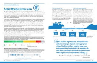 Solid Waste Diversion
The solid waste diversion EHI measures the extent to which Army installations reduce the amount of
waste disposed in landfills and incinerators, thereby reducing health risks from waste contaminants released
into air, surface water, and drinking water sources. Diversion, which is the recovery and beneficial use of
would-be wastes, can take the form of recycling, composting, or donating. The solid waste diversion rate
is calculated as the mass of diverted waste divided by the mass of the total waste stream (diverted plus dis-
posed), and is expressed as a percentage.
Contaminants resulting from waste disposal can become health hazards via surface runoff, landfill leachate,
and air emissions that can contain dioxins, chlorinated organics, heavy metals, and endocrine-disrupting
chemicals, among others. Improperly managed waste can exacerbate the rise of illnesses such as diarrhea
and acute respiratory infections (Simmons, 2016). When present in drinking water sources at concen-
trations exceeding regulatory levels, waste-derived contaminants have been linked to health effects such
as anemia; immune deficiencies; reproductive difficulties; liver, kidney, or nervous system damage; bone
disease; and increased cancer risk (EPA, 2019c).
Solid waste diversion data are obtained from the Solid Waste Annual Reporting for the Web (SWARWeb)
database. Operated by the Deputy Chief of Staff, G-9, Energy and Facilities Engineering, SWARWeb is
the Army system of record for waste generation data. Installations generating more than 1 ton of non-
hazardous solid waste per day report facility tonnage for waste, recycling, and other diversion efforts on a
semiannual basis. These and other SWARWeb data are used to compute metrics for the DOD’s Integrated
Solid Waste Management Measures of Merit, reported by fiscal year.
Distribution of Army Installations by Solid Waste Diversion Rate, FY18
Distribution of Army Installations by Solid Waste Disposal, FY18
The chart shows the solid waste diversion rate at selected Army installations in FY18. Waste diversion includes recycling,
composting, and donating discarded materials. Green status indicates that an installation met or exceeded the DOD solid
waste diversion goal of 50%. Waste diversion rates ranged from 0–100%.
The chart shows solid waste disposal rate at selected Army installations during FY18. Overall, Army installations discarded
over 700 million pounds of solid waste in FY18, an increase of more than 23 million pounds from the previous year.
Approximately 1 in every 500 tons of waste entering U.S. landfills and incinerators was generated by the Army.
FY18 Solid Waste Disposal (million pounds/year)
20 13 5 4
Environmental Health Indicators
ENVIRONMENTAL HEALTH INDICATORS 6362 2019 HEALTH OF THE FORCE REPORT
25–49%≥50% ≤24% No Data
The FY18 Army average solid waste diversion rate was
44%, a decrease from FY17’s rate of 46%. This decline
is likely due to weakening worldwide recycling mar-
kets and a lack of monetary incentives for recycling
programs. Overall, the DOD struggled to meet its
diversion goal of 50%, achieving 40% diversion in
FY18. For perspective, the U.S. EPA’s most recent
estimate of the U.S. solid waste diversion rate is
35.2% (EPA, 2019d). The average diversion per-
centage worldwide is only 19% (Kaza, 2018).
Waste has far-reaching effects on human and environ-
mental health. Waste-related contamination contrib-
utes to global pollutant levels, and diseases caused
by pollution were responsible for 9 million premature
deaths in 2015, representing 16% of total global
mortality (Landrigan, 2018). Beyond the direct health
impacts, the management (and mismanagement)
of waste impacts food and drinking water sources,
economic growth, and the well-being of vulnerable
populations. The solution lies in a sustainable life cycle
approach to material management that includes smart
purchasing, maximizing waste recovery and diversion,
and disposal practices that minimize environmental
and health impacts.
How Do We Stack Up? The Global Burden of Waste
“
”
At the local and regional levels, inadequate waste
collection, improper disposal, and inappropriate
siting of facilities can have negative impacts on
environmental and public health. At a global scale,
solid waste contributes to climate change and is one
of the largest sources of pollution in oceans.
—WhataWaste2.0:AGlobalSnapshotofSolidWasteManagementto2050
World Bank Group
U.S.-based installation
Installation outside the U.S.
0 4010 20 30
ArmyDODU.S.World
DIVERSION PERCENTAGE COMPARISONS
44%40%35%19%
HP2020 Goal = 36.5%
DOD Goal = 50%
 