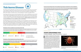 Environmental Health Indicators
ENVIRONMENTAL HEALTH INDICATORS 6564 2019 HEALTH OF THE FORCE REPORT
Tick-borne Disease
The tick-borne disease EHI reflects Lyme disease risk at Army installations. Lyme disease risk is defined
as low, moderate, or high risk of coming into contact with a Lyme vector tick that is infected with the
agent of Lyme disease. These ticks can be found on and around Army installations, and Soldiers can be
bitten while working or recreating on-post, or when spending time outside in tick habitat off-post.
Lyme disease is the most common vector-borne disease in the U.S., with over 300,000 new cases estimated
each year. Bites from blacklegged ticks (also called “deer ticks”) cause the majority of Lyme disease cases
in the U.S. Ticks capable of transmitting Lyme disease are found worldwide, so the risk is present abroad
as well as at home. Lyme and many other tick-borne diseases have similar symptoms, such as fever, head-
ache, rash, and fatigue, which can make them difficult to diagnose. If left untreated, Lyme disease can
cause joint inflammation, memory problems, and even heart failure.
The DOD Human Tick Test Kit Program (HTTKP) is a free tick identification and testing service avail-
able to DOD-affiliated personnel; approximately 3,000 ticks are submitted each year. Lyme disease risk
data come from the HTTKP and from environmental tick surveillance conducted by the Army Regional
Public Health Commands. Installations with “No Data” did not participate in the HTTKP in 2018, and
no Army environmental surveillance data were available for that year. Additional data were obtained from
the CDC and scientific literature (Eisen et al., 2016; Li et al., 2019; Im et al., 2019).
Distribution of Army Installations by Lyme Disease Risk, 2018
Presence of Lyme Disease Vector Ticks and Risk of Lyme Disease at Selected U.S. Army Installations
Distribution of Army Population by Lyme Disease Risk, 2018
The chart shows the risk of Lyme disease at selected Army installations in 2018. Many installations with a low Lyme disease
risk have elevated risks of other tick-borne diseases such as ehrlichiosis and a red meat allergy that have been associated
with the bite of the lone star tick, which is common in the southeast U.S.
The risk of coming into contact with a Lyme vector tick that is infected with the agent of Lyme disease varies tremendously
based on climate, habitat, and wildlife communities present at an Army installation. In the U.S., Soldiers at installations
in the northeast and mid-Atlantic are at greatest risk of contracting Lyme disease.
The chart shows the distribution of the AC Soldier population by risk of Lyme disease at selected Army installations in 2018.
The absence of HTTKP and Army tick surveillance data in 2018 has resulted in a failure to characterize 37% of the
Soldier population for risk of exposure to Lyme disease.
8
17.7%
10
34.5%
9
10.7%
15
37.1%
Low Risk
Low Risk
Moderate Risk
Moderate Risk
High Risk
High Risk
No Data
No Data
Lyme Disease
Risk Level
Presence of Lyme
Vector Ticks
No HTTKP Data
Established
Low
Reported
Moderate
No records
High
ASIAN LONGHORNED TICK:
A NEW ARRIVAL AND POTENTIAL THREAT
S P O T L I G H T
I
T’S CREEPY, IT’S HERE TO STAY, AND A SINGLE
female can lay thousands of eggs—without ever
mating with a male. The Asian longhorned tick is
native to East Asia, where it is a major livestock pest
and has been found to transmit pathogens that can
make humans and animals sick (USDA, 2019a). It was
first documented in the U.S. in 2017 and has now been
identified in 11 states across the eastern U.S. (USDA,
2019b). It’s not known if these ticks can transmit the
agent of Lyme disease or other pathogens found in
the U.S., as the speed and extent of their spread are
still being discovered. Ticks found biting Army per-
sonnel should be submitted to the HTTKP for identi-
fication and testing. Access the HTTKP at https://tiny.
army.mil/r/nn5LK/HTTKP.
U.S.-based installation
Installation outside the U.S.
Asian longhorned tick adult female. Without specialized training,
it is difficult to discern these small, brown, nondescript ticks from
native tick species.
U.S. Army photo, APHC
 