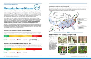 Mosquito-borne Disease
The mosquito-borne disease EHI reflects the risk of being infected with dengue, chikungunya, and Zika
viruses carried by day-biting Aedes mosquitoes at Army installations. The warming global climate is
increasing the range where mosquitoes can live and thrive, as well as the portion of the year when they
are active and able to transmit disease (Reinhold et al., 2018; Kamal et al., 2018). This metric combines
parameters characterizing the window of vector activity and disease transmission, local presence of vec-
tors, and human case confirmation (local and travel-related) into a site-specific risk index.
Health impacts from Aedes mosquitoes range from debilitating infection and birth defects to allergic
reaction and dermatitis. Mosquito-borne pathogens often circulate in mosquito populations long before
human cases occur. Because of this, robust vector surveillance at the installation level is necessary to
create an early warning system for mosquito-borne disease threats. Since the majority of mosquito-
borne diseases have no vaccines, bite avoidance is the most important method of prevention.
Data used to derive the parameters summarized into the mosquito-borne disease EHI came from a vari-
ety of sources. These sources included state-of-the-art models on mosquito species behavior, community
surveillance reports on mosquito populations, human case confirmation, and local daily weather reports
provided by the U.S. Air Force 14th
Weather Squadron.
Environmental Health Indicators
ENVIRONMENTAL HEALTH INDICATORS 6766 2019 HEALTH OF THE FORCE REPORT
Distribution of Army Installations by Mosquito-borne Disease Risk, 2018
Distribution of Army Population by Mosquito-borne Disease Risk, 2018
The chart shows the risk of Aedes mosquito-borne disease at selected Army installations in 2018. While the Ae. albopictus
mosquito is more likely to be found in cooler climates than its vector counterpart, Ae. aegypti, the presence of both species
in an area greatly increases the risk of disease transmission.
The chart shows the distribution of the AC Soldier population by risk of Aedes mosquito-borne disease at selected Army
installations in 2018. Although a majority of installations are at moderate risk, a preponderance of the Soldier population is
at high risk for disease transmission from day-biting mosquitoes.
6
18.9%
25
39.6%
11
41.5%
Low Risk
Low Risk
Moderate Risk
Moderate Risk
High Risk
High Risk
No Data
No Data
Mosquito-borne Disease Risk and Transmission Days
The icons on the risk map indicate an installation’s risk of disease (Zika, chikungunya, or dengue) transmission by day-
biting Aedes mosquitoes. The number in the icon represents the number of days per year that day-biting mosquitoes are
likely to be active and able to transmit a disease-causing pathogen. The portion of the year when mosquitoes are active
corresponds to when heightened surveillance and prevention efforts should occur.
U.S.-based installation
Installation outside the U.S.
Risk of Disease Transmission
by Aedes Mosquitoes
Mosquito Distribution
Aedes aegypti
Aedes albopictus
Low
Moderate
High
THE DOD INSECT REPELLENT SYSTEM
Wear a permethrin-treated
uniform.
Use DOD-approved
insect repellent.
Button your cuffs,
and tuck in your shirt.
Sleep in a bed net.
Tuck your trousers
into your boots.
Make those bugs sad!
Illustrationsby:RachelSterschic,Knowesis
19 356
10
New graphics are part
of the transformation
of health information
for digital platforms.
In 2020, the DOD In-
sect Repellent System
will be available as a
short animation on
social media to reach
wider audiences and
offer guidance in
formats that reach
today’s Soldier.
 