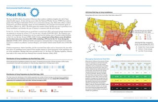 61
50
36
10
92 75
95
17
86
88
70
130
126
138
135
138
140
108
140
4
62
86
72
73
63
30
137
127
0
Heat Risk
The heat risk EHI reflects the portion of the year when outdoor conditions heighten the risk of heat-
related health impacts. A heat risk day occurs when the National Weather Service (NWS) heat index is
greater than 90 degrees Fahrenheit (°F) for one or more hours during a day. Heat index reflects outdoor
temperature and relative humidity, which are well-established as the principal environmental agents of
heat illness (Mora et al., 2017). The EHI reports the number of heat risk days per year in proximity to an
Army installation, and whether the year of interest is consistent with the prior decade.
In the U.S., 4 of the 5 hottest years on record have occurred since 2012, and annual average temperatures
are projected to increase by at least 2.5°F over the next 3 decades (USGCRP, 2017). The frequency, per-
sistence, and magnitude of temperature rise has made heat the leading cause of weather-related fatalities
in the U.S. over the last 30 years (NWS, 2018). Further, annual rates of heat illness across all military
services have risen every year from 2014–2018, including a 39% rise for the AC Army during this
interval (AFHSB, 2019). Additional health consequences anticipated due to rising temperatures include
increases in outdoor air pollution, seasonal allergens, and weather-related mental health stress (USGCRP,
2016).
Outdoor temperature, relative humidity, and the associated heat index used to characterize the area-wide
heat risk to an installation were acquired from weather stations in closest proximity to the population cen-
ter of the installation. Weather data were provided by the U.S. Air Force 14th
Weather Squadron. Historic
heat index at the county level was obtained from scientific literature (Dahl, 2019).
Environmental Health Indicators
ENVIRONMENTAL HEALTH INDICATORS 6968 2019 HEALTH OF THE FORCE REPORT
Distribution of Army Installations by Heat Risk Days, 2018
Distribution of Army Population by Heat Risk Days, 2018
Of the selected Army installations tracked in this report, 10 experienced more than 100 heat risk days in 2018, mostly
concentrated in the south and southeast U.S. Heat risk days ranged from 0–140 days/year in 2018.
The chart shows the distribution of the Soldier population by number of heat risk days at selected Army installations
in 2018. Although most installations experienced less than 100 heat risk days per year, nearly 40% of Soldiers were
stationed at an installation with more than 100 heat risk days in 2018.
19.5% 8.8% 4.9% 28.2% 38.6%
0 20 40 60 80 100 120 140140
COMPLETE
≤10
days/year
11–25
days/year
26–50
days/year
51–100
days/year
>100
days/year
2018 Heat Risk Days at Army Installations
Annual days with one or more hours when Heat Index is above 90°F.
Many factors influence the amount of heat
a person experiences and how the body
copes. Some of these include weather
conditions such as temperature, humidity,
wind speed, and cloud cover. Heat risk is
further influenced by clothing burden and
activity level. Army doctrine for manag-
ing operational heat risk can be found
in Technical Bulletin, Medical (TB MED)
507, Heat Stress Control and Heat Casualty
Management (DA, 2003), which provides
guidance to gauge and manage heat risk
during training and operational activities.
Site-specific heat risk can be evaluated
with the wet bulb globe temperature
(WBGT) index kit. Knowing the WBGT index
and task workload, leaders can manage
heat risk by directing appropriate work/
rest cycles and fluid intakes according to
TB MED 507 guidelines.
Managing Operational Heat Risk
Heat
Category
WBGT
Index
(ºF)
Easy Work
(250 W)
Moderate Work
(425 W)
Heavy Work
(600 W)
Very Heavy Work
(800 W)
Work/
Rest
(mins)
Water
Intake
(qt/hr)
Work/
Rest
(mins)
Water
Intake
(qt/hr)
Work/
Rest
(mins)
Water
Intake
(qt/hr)
Work/
Rest
(mins)
Water
Intake
(qt/hr)
1 78–81.9 NL ½ NL ¾ 40/20 ¾ 20/40 1
2 82–84.9 NL ½ NL ¾ 30/30 1 15/45 1
3 85–87.9 NL ¾ NL ¾ 30/30 1 10/50 1
4 88–89.9 NL ¾ 50/10 ¾ 20/40 1 10/50 1
5 >90 NL 1 20/40 1 15/45 1 10/50 1
Fluid Replacement and Work/Rest Guidelines for Training in Warm and Hot Environments
NL = no limit to work per hour (up to 4 continuous hours).
Average Days per year with Heat
Index above 90°F (1971–2000)
0 26–50
1–10 51–100
11–25 101–203
2018 Heat Risk Days compared to
recent 10-year average (2007–2017)
Greater than 10-year average
Similar to 10-year average
Less than 10-year average
0
62
72
63
127
137
30
40
0
50
61
70
17
135
138
138
108
73 86
36
17
140
140
130
86
126
92 75
88
95
10
50
61
70
 