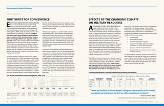 OUR THIRST FOR CONVENIENCE EFFECTS OF THE CHANGING CLIMATE
ON MILITARY READINESS
S P O T L I G H T S P O T L I G H T
E
ACH YEAR, AMERICANS BUY AND CONSUME
more containerized beverages, particularly
water, in disposable plastic bottles. In 2016,
U.S. bottled water consumption surpassed that of
carbonated drinks for the first time, reaching 12.8
billion gallons (IBWA, 2019). Of great concern is what
happens after the beverage is consumed. Nearly
two out of every three single-use beverage con-
tainers sold in the U.S. are discarded as trash or
litter, including 2 million tons of plastic bottles
per year (Gitlitz, 2013). Concerns like these prompted
the House Armed Services Committee to request
DOD studies on expenditures and wastes related to
single-use plastic water bottles in an early version
of the 2020 National Defense Authorization Act. The
request was not included in the final version of the
law, but indicates that Congress is concerned about
implications for DOD.
Global production of plastics exceeds 320 million
tons per year, 40% of which is single-use packaging.
An estimated 86% of plastic packaging waste evades
recycling streams and is eventually released to the
environment (Villano, 2019). Compounding this issue
is a globally weakened market for plastic recycling.
For almost three decades, China accepted 45% of the
world’s plastic, but in 2018 imposed stricter contam-
ination standards that all but ended the U.S.’s ability
to recycle its plastic discards. Prior to those restrictions,
A
CCORDING TO THE LATEST NATIONAL CLI-
mate Assessment, Earth’s climate is now
changing faster than at any point in history.
The impacts of climate change are already being felt
in the U.S. and are projected to intensify in the future
(Jay et al., 2018). Early evidence of these impacts is
manifested in rising sea levels and temperatures, and
the increasing frequency, severity, and duration of
extreme weather events. Climate change has direct
implications for national security in the form of
threats to critical infrastructure; instability in the avail-
ability of water, food, and energy; and the embold-
ening of adversaries in affected geostrategic environ-
ments. In recognition of these implications, the 2018
NDAA directed the DOD to evaluate vulnerabilities to
military infrastructure and operations resulting from
climate change (Public Law, 2017).
	
The DOD has begun to characterize climate-induced
vulnerabilities at priority military bases for five specific
impacts: flooding, drought, desertification, wildfire,
and thawing permafrost (see table). Initial screen-
ings indicate that two-thirds of the bases studied
are vulnerable to recurrent flooding, and more
than half are vulnerable to drought (DOD, 2019b).
	
the U.S. sent 693 million metric tons of plastic waste
to China per year (Halder, 2019). This will likely lead to
greater amounts of plastic recyclables being littered
or disposed in landfills.
	
The disposal of plastics is a public health and envi-
ronmental concern, due to plastics littering water-
ways, accumulating in all levels of the ocean, and
making their way into the food chain—including
the seafood that we consume in our diet (Sharma &
Chatterjee, 2017). It is estimated that by 2025, about
250 million tons of accumulated plastic waste will
find their way to aquatic and marine environments
(FAOUN, 2017).
	
Consumers are beginning to choose environmen-
tally-conscious solutions such as reusable beverage
containers. For its part, the Army provides bulk water
supplies and personal hydration systems when fea-
sible. However, a new health hazard may be emerg-
ing: bacterial contamination from reusable water
bottles. Microbes that originate in saliva can grow
in unwashed bottles. A recent study examined 90
reusable bottles and found coliform bacteria, includ-
ing E. coli, which can cause stomach illnesses (Sun et
al., 2017). The solution? Just as dishes and utensils are
washed after each use, water bottles should also be
washed with soap and hot water after each use, or at
least daily.
Beyond the infrastructure and resource consequences
associated with climate change, human health
threats are also anticipated. The U.S. Global Change
Research Program (USGCRP) has identified the
following as examples of climate impacts on human
health (Crimmins et al., 2016):
•	 Extreme heat.
•	 Worsened air quality.
•	 Contaminated water supplies.
•	 Expansion of habitat and transmission
conditions for vector-borne diseases.
•	 Increases in food-related infections.
•	 Mental health stress due to climate-related
traumatic events.
As climate effects intensify, medical surveillance sys-
tems such as the DRSi will be critical to the preserva-
tion of military health readiness. MTFs should ensure
their public health personnel are trained on proper
utilization of reportable medical events and submit
timely reports through the DRSi.
Environmental Health Indicators
ENVIRONMENTAL HEALTH INDICATORS 7170 2019 HEALTH OF THE FORCE REPORT
Climate Vulnerabilities Currently Experienced by Military Installations
U.S. Plastics Generation and Recycling Rates, 1960–2015
“I would say the effects of climate change are things we have to consider at the strategic,
operational, and tactical level and all of our military operations in the future.”
—General Mark A. Milley
in testimony to the House Armed Services Committee, 2 April 2019
Service
Installations
Evaluated
Number of Installations that Experience a Climate Vulnerability
Recurrent
Flooding
Drought Desertification Wildfire
Thawing
Permafrost
Air Force 36 20 20 4 32 -
Army 21 15 5 2 4 1
Navy 18 16 18 - - -
0
10
20
30
40
1960 1970 1980 1990 2000 2005 2010 2014 2015
Plastics Recycled (tons)
Plastics Generated (tons)
<5,000
<5,000
<5,000
<5,000
20,000
6,666,667
370,000
16,818,182
1,480,000
25,517,241
1,780,000
29,180,328
2,500,000
31,250,000
3,190,000
33,229,167
3,140,000
34,505,495
Year
MillionTons
ofMaterial
Source: EPA, 2018
 