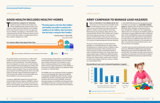 Environmental Health Indicators
ENVIRONMENTAL HEALTH INDICATORS 7372 2019 HEALTH OF THE FORCE REPORT
ARMY CAMPAIGN TO MANAGE LEAD HAZARDSGOOD HEALTH INCLUDES HEALTHY HOMES
S P O T L I G H TS P O T L I G H T
L
EAD IS A NATURALLY OCCURRING METAL BUT
can present an environmental and health hazard
if it contaminates air, water, soil, or dust. Lead
exposure can cause behavior changes and learning
deficits in children and put adults at risk for high
blood pressure, heart disease, kidney disease, and
reduced fertility (ATSDR, 2019). Children are at higher
risk of lead exposure because of more frequent
hand-to-mouth behavior. They are also more sus-
ceptible to the harmful effects of lead since the brain
is in a period of rapid development during childhood.
	
The most common exposure to lead results from
inhalation or accidental ingestion of contaminated
household dust or outdoor soil due to flaking or dete-
riorated lead-based paint. Other potential sources
of lead exposure include contaminated drinking
water, occupational settings (e.g., firing ranges, auto
and plumbing repair, welding and soldering trades),
hobbies that involve the use of leaded materials (e.g.,
hunting shot, fishing sinkers, pottery dyes or glazes),
as well as some foreign-made toys, ceramics, cosmet-
ics, and packaged foods.
	
T
HE ESSENTIAL ELEMENTS OF PERSONAL
health go beyond medical intervention and
choices regarding sleep, physical activity, and
nutrition. Health status also depends on the quality
of the environments where we work, live, play, and
raise our families. According to a nationwide survey
commissioned by the EPA, Americans spend as much
as 87% of their lives indoors, including about 69% in
their residence (Klepeis et al., 2001).
In 2018, MEDCOM directed that elevated blood lead
level (eBLL) be managed as a reportable medical
event for children 6 years of age and younger (OTSG/
MEDCOM, 2018). Although no safe lead level has
been identified for children, the CDC established a
reference BLL of 5 micrograms per deciliter (µg/dL) as
a threshold to trigger additional medical monitoring
(CDC, 2012). Army Medicine tracks cases of pediatric
eBLL through the DRSi, and monitors clinical labora-
tory data systems for additional cases that may not
have been reported. Estimates for the prevalence of
eBLL in young Army Family members and U.S. chil-
dren are shown in the graphic.
	
To further track and control lead hazards at the enter-
prise level, MEDCOM established the Lead Hazard
Management and Control Plan (MEDCOM, 2019) in
January 2019. This initiative includes assessment and
reporting of medical and environmental surveillance
related to potential lead exposures experienced by
Army Families.
The quality of these environments can affect both
health and readiness and requires the sustained
attention of Army leadership. The health influence
of a home depends on factors such as safe drinking
water, properly functioning heating and cooling, and
reduction of hazards such as mold, lead-based paint,
asbestos, radon, and pests. These are some of the key
issues raised in the 2019 Department of the Army (DA)
Inspector General’s report examining the quality of
Army housing (DA, 2019d), as well as by Soldiers and
Army Families in recent surveys and forums.
In response, MEDCOM created the Housing Environ-
mental Health Response Registry (HEHRR) to address
health or safety concerns of current and former resi-
dents of Army housing. Army Families were invited to
enroll in April 2019. The HEHRR is designed to serve as
Elevated Blood Lead Level in Selected Populations (≥5µg/dL)
U.S. Citizens: Where They Spend Their Time
Composite Health Care System (CHCS), 2019
Federal Interagency Forum on Child and Family Statistics, 2019
EstimatedPrevalence(%)
2014 2015 2016 2017 2018 2013–2016
0.0
0.2
0.4
0.8
0.6
1.0
1.0 0.97
0.42
0.46
0.41
0.90
Army Family Members Tested in the
Military Health System, Ages 0–6
U.S. Children,
Ages 1–5
“The Army expects a lot from their Soldiers
and Families and really to maximize the
readiness of our Soldiers, they must know
that the Army is caring for their Families.”
—General James C. McConville
Army Chief of Staff
a 2-way exchange of information: to provide environ-
mental health hazard information to Army Families
and to obtain information from Families to assist
them in seeking medical care for housing-related
health concerns. More information on the HEHRR can
be found on the APHC website or by calling the Regis-
try hotline at 1-800-984-8523.
The HEHRR is just one component of the comprehen-
sive Housing Campaign Plan rolled out by IMCOM
in September 2019 (IMCOM, 2019). The Plan involves
multiple lines of effort, including regular Town Hall
meetings with Army housing residents, enhanced
housing manager accountability and responsiveness,
and additional measures to ensure that Soldiers and
their Families enjoy safe and healthy living conditions.
86.9% 7.6% 5.5%
Indoor (residence, office/factory, bar/restaurant, other indoor) Outdoor Vehicle
 