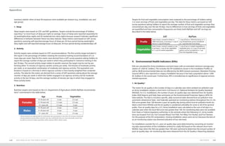 METHODS 149148 2019 HEALTH OF THE FORCE REPORT
Appendices
Targets for fruit and vegetable consumption were analyzed as the percentage of Soldiers eating
2 or more servings of fruits and vegetables per day. The data for these metrics are based on GAT
survey questions asking Soldiers to report the average number of fruit and vegetable servings they
consumed per day, over the last 30 days. Due to differences in how servings of fruits and vegetables
are quantified and how consumption frequencies are listed, both MyPlate and GAT servings are
described in the table below.
MyPlateGAT
Fruits
Fresh, frozen, canned or dried, or
100% fruit juices. A serving is 1 cup of
fruit or ½ cup of fruit juice.
1 cup of fruit or 100% fruit juice, or ½
cup of dried fruit can be considered
as 1 cup from the Fruit Group.
Vegetables
Fresh, frozen, canned, cooked, or raw.
A serving is 1 cup of raw vegetables
or ½ cup of cooked vegetables.
1 cup of raw or cooked vegetables or
vegetable juice, or 2 cups of raw leafy
greens can be considered as 1 cup
from the Vegetable Group.
V. Environmental Health Indicators (EHIs)
EHIs are calculated for Army installations and joint bases with an estimated minimum average pop-
ulation of 1,000 AC Soldiers. This includes the 40 installations shown in the Installation Profiles as
well as JBLM (environmental data are not affected by the MHS Genesis exclusion). Aberdeen Proving
Ground (APG) is also reported as a legacy installation because it has had a population above 1,000
AC Soldiers in the recent past. Furthermore, APG is included due to significance of regional environ-
mental exposures.
1. Air Quality*
The metric for air quality is the number of days in a calendar year when ambient air pollution near
an Army installation violates a short-term (≤24 hours) U.S. National Ambient Air Quality Standard
(NAAQS). For U.S. installations, the number of poor air quality days was obtained from Air Quality
Index (AQI) Reports and Daily Data summaries on the Environmental Protection Agency (EPA) Air
Data website. The AQI is a location-specific, daily numerical index derived from air pollution mea-
surements obtained at State- and Federally-operated air monitoring stations throughout the U.S. An
AQI score greater than 100 denotes a poor air quality day during which local air pollution levels vio-
lated a short-term NAAQS and the air quality is considered unhealthy for some or all of the general
public. Poor air quality days for a U.S. Army installation were calculated as the sum of all days in a
calendar year when the local AQI score was greater than 100. Air monitoring data were not available
from State or Federal regulatory authorities in the airsheds where the following U.S. Army installa-
tions are located: Fort Lee, Fort Leonard Wood, Fort Polk, Fort Riley, Fort Rucker, and Fort Stewart.
For the purpose of the IHI computation, missing installation values were set to 0 because the lack of
an air monitoring station was deemed indicative of low risk/need.
For installations outside the U.S., poor air quality days were determined by converting air monitor-
ing data representative of the installation airshed to a daily AQI based on the relevant short-term
NAAQS. Days when the AQI was greater than 100 were summed to determine the annual number of
poor air quality days. Air monitoring data were obtained from the Air Quality e-Reporting database
summary statistic when at least 40 responses were available per stratum (e.g., installation, sex, and
age group).
1. Sleep
Sleep targets were based on CDC and NSF guidelines. Targets include the percentage of Soldiers
reporting 7 or more hours of sleep per night on average. Hours of sleep were reported separately for
(a) weeknights/duty nights and (b) weekends/non-duty nights because research indicates significant
differences in behavior between these two duty statuses. Sleep metrics were based on GAT survey
questions assessing self-reported average hours of sleep per 24-hour period during weeknights/
duty nights and self-reported average hours of sleep per 24-hour period during weekends/days off.
2. Activity
Activity targets were similarly based on CDC recommendations. The first activity target included in
this report is the percentage of Soldiers meeting the resistance training recommendation of 2 or
more days per week. Data for this metric were derived from a GAT survey question asking Soldiers to
report the average number of days per week in which they participated in resistance training in the
last 30 days. The second activity target relates to aerobic exercise; the target may be met by per-
forming either 75 minutes of vigorous aerobic activity per week, 150 minutes of moderate activity
per week, or an equivalent combination of moderate and vigorous activity. The equivalent com-
bination is based on a formula in which vigorous activity is more heavily weighted than moderate
activity. The data for this metric are derived from a series of GAT questions asking about the average
number of days per week in which the Soldier engaged in (a) vigorous activity and (b) moderate
activity in the last 30 days, and the average number of minutes per day in which they engaged in
these activity levels.
3. Nutrition
Nutrition targets were based on the U.S. Department of Agriculture (USDA) MyPlate recommenda-
tions* summarized in the table below.
*	 These amounts are appropriate for individuals who participate in less than 30 minutes of physical
activity (beyond normal daily activities) per day. Individuals who are more physically active may
be able to consume higher quantities while staying within calorie needs.
Females
19–30 years old 2 cups 2.5 cups
31–50 years old 1.5 cups 2.5 cups
51+ years old 1.5 cups 2 cups
Males
19–30 years old 2 cups 3 cups
31–50 years old 2 cups 3 cups
51+ years old 2 cups 2.5 cups
Age Fruits Vegetables
 