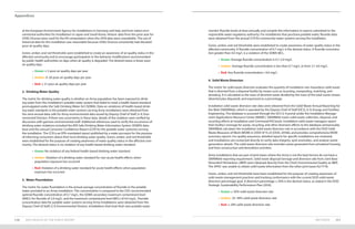 METHODS 151150 2019 HEALTH OF THE FORCE REPORT
Appendices
at the European Environment Agency for installations in Germany and Italy, and host nation envi-
ronmental authorities for installations in Japan and South Korea. Historic data from the prior year for
USAG Vicenza were used for the IHI computation when the 2018 data were unavailable. The use of
historical data for this installation was reasonable because USAG Vicenza consistently had elevated
poor air quality days.
Green, amber, and red thresholds were established to create an awareness of air quality status in the
affected community and to encourage participation in the behavior modifications recommended
by public health authorities on days when air quality is degraded. The desired status is fewer poor
air quality days.
•	 Green: ≤ 5 poor air quality days per year
•	 Amber: 6–20 poor air quality days per year
•	 Red: ≥ 21 poor air quality days per year
2. Drinking Water Quality
The metric for drinking water quality is whether an Army population has been exposed to drink-
ing water from the installation’s potable water system that failed to meet a health-based standard
promulgated under the Safe Drinking Water Act (SDWA). Data on violations of health-based drink-
ing water standards in the potable water systems serving Army installations were obtained from
the semi-annual data calls for Army environmental data issued by Deputy Chief of Staff, G-9, Envi-
ronmental Division. If there was uncertainty in these data, details of the violation were verified by
discussion with garrison environmental staff. Additional references used to verify the occurrence of
drinking water violations included the EPA Safe Drinking Water Information System (SDWIS) data-
base and the annual Consumer Confidence Report (CCR) for the potable water system(s) serving
the installation. The CCR is an EPA-mandated report published by a water purveyor for the purpose
of informing consumers about their local drinking water quality. Green, amber, and red thresholds
were established for the purpose of creating awareness of water quality status in the affected com-
munity. The desired status is no violation of any health-based drinking water standard.
•	 Green: No violation of any federal health-based drinking water standard
•	 Amber: Violation of a drinking water standard for non-acute health effects when
population exposure has occurred
•	 Red: Violation of a drinking water standard for acute health effects when population
exposure has occurred
3. Water Fluoridation
The metric for water fluoridation is the annual average concentration of fluoride in the potable
water provided to an Army installation. This concentration is compared to the CDC-recommended
optimal fluoride concentration of 0.7 mg/L, the SDWA secondary maximum contaminant level
(SMCL) for fluoride of 2.0 mg/L, and the maximum contaminant level (MCL) of 4.0 mg/L. Fluoride
concentration data for potable water systems serving Army installations were obtained from the
Deputy Chief of Staff, G-9, Environmental Division. Installations that treat their own potable water
monitor fluoride levels at least annually and compile this information in reports submitted to the
responsible water regulatory authority. For installations that purchase potable water, fluoride data
were obtained from the annual CCR for community water systems serving the installation.
Green, amber, and red thresholds were established to create awareness of water quality status in the
affected community. A fluoride concentration of 0.7 mg/L is the desired status. A fluoride concentra-
tion greater than 4.0 mg/L is a violation of the SDWA MCL.
•	 Green: Average fluoride concentration is 0.7–2.0 mg/L
•	 Amber: Average fluoride concentration is less than 0.7 mg/L or from 2.1-4.0 mg/L
•	 Red: Any fluoride concentration >4.0 mg/L
4. Solid Waste Diversion
The metric for solid waste diversion evaluates the quantity of installation non-hazardous solid waste
that is diverted from a disposal facility by means such as recycling, composting, mulching, and
donating. It is calculated as the mass of diverted waste divided by the mass of the total waste stream
(diverted plus disposed), and expressed as a percentage.
Installation solid waste diversion rate data were obtained from the Solid Waste Annual Reporting for
the Web (SWARWeb), which is operated by the Deputy Chief of Staff (DCS), G-9, Energy and Facilities
Engineering. The database is accessed through the DCS G-9 portal under the Installation Manage-
ment Applications Resource Center (IMARC). SWARWeb tracks solid waste collection, disposal, and
recycling efforts at installation and Command/HQ levels. Installation solid waste managers report
their facility’s tonnage for waste, recycling, and other diversion efforts to the database semiannually.
SWARWeb calculates the installation solid waste diversion rate in accordance with the DOD Solid
Waste Measures of Merit (MOM) in DODI 4715.23 (DOD, 2016b), and provides comprehensive MOM
summary reports. For quality assurance, detailed reports for specific installations are reviewed,
and installations are contacted directly to verify data integrity, spot anomalies, and analyze waste
generation details. The solid waste diversion rate excludes waste generated from privatized housing
and from construction and demolition activities.
Army installations that are part of joint bases where the Army is not the lead Service do not have a
SWARWeb reporting requirement. Solid waste disposal tonnage and diversion rate from Joint Base
Elmendorf-Richardson (JBER) were obtained directly from the Chief, Environmental Quality at JBER.
The APHC was unable to obtain solid waste information from the other joint bases for FY18.
Green, amber, and red thresholds have been established for the purpose of creating awareness of
solid waste management practices and tracking conformance with the current DOD solid waste
diversion percentage goal. A diversion percentage ≥ 50% is the desired status, as stated in the DOD
Strategic Sustainability Performance Plan (2016).
•	 Green: ≥ 50% solid waste diversion rate
•	 Amber: 25–49% solid waste diversion rate
•	 Red: ≤ 24% solid waste diversion rate
 