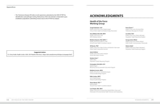 Appendices
ACKNOWLEDGMENTS 159158 2019 HEALTH OF THE FORCE REPORT
•	 The Tick-borne Disease EHI relies on tick specimens submitted to the DOD HTTKP for
identification and pathogen testing. Robustness of the risk estimate is dependent upon
installation populations submitting human ticks to the HTTKP for analysis.
Suggested citation
U.S. Army Public Health Center. 2020. 2019 Health of the Force, [ https://phc.amedd.army.mil/topics/campaigns/hof ].
Joseph Abraham, ScD1
Health of the Force Senior Epidemiologist
Clinical Public Health and Epidemiology Directorate
Amy Millikan Bell, MD, MPH1
Health of the Force Chair
APHC Medical Advisor
Matthew Beymer, PhD, MPH1,2,5
Health of the Force Editor-in-Chief
Armed Forces Health Surveillance Branch
Jill Brown, PhD1
Health of the Force Sleep, Activity, and Nutrition Team Lead
Public Health Assessment Division
Jason Embrey1
Health of the Force Senior Designer
Visual Information Division
Andrew Fiore1,3
ORISE Fellow
Population Health Reporting Program
Christopher Hill, MPH, CPH1
Epidemiologist
Behavioral and Social Health Outcomes Program
Matthew Inscore, MPH1
Health of the Force Chief Epidemiologist
Disease Epidemiology Program
Nikki Jordan, MPH1
Senior Epidemiologist
Disease Epidemiology Program
Alexis Maule, PhD1,2,7
Epidemiologist
Armed Forces Health Surveillance Branch
Lisa Polyak, MSE, MHS1
Health of the Force Environmental Health Metrics Team Lead
Directorate of Environmental Health Sciences and Engineering
Anne Quirin1,5
Health of the Force Technical Editor
Publication Management Division
Lisa Ruth, PhD1
Health of the Force Product Manager
Population Health Reporting Program
George (Ginn) White1
Health of the Force Product Advisor
Public Health Communication Directorate
Shaina Zobel1
Health of the Force Project Operations
Population Health Reporting Program
Health of the Force
Working Group
ACKNOWLEDGMENTS
 