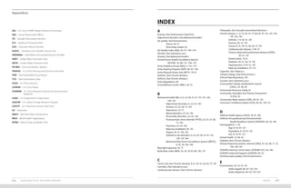 Appendices
174 2019 HEALTH OF THE FORCE REPORT INDEX 175
SR2 – U.S. Army SHARP Ready & Resilient Directorate
SRO – Senior Responsible Officer
STI – Sexually Transmitted Infection
STS – Significant Threshold Shift
SUD – Substance Abuse Disorder
SUDCC – Substance Use Disorder Clinical Care
SWARWeb – Solid Waste Annual Reporting for the Web
SWET – Soldier Water Estimation Tool
SWTR – Surface Water Treatment Rule
TB MED – Technical Bulletin, Medical
TRADOC – U.S. Army Training and Doctrine Command
TRIR – Training-Related Injury Report
TTD – Total Transmission Days
USAG – U.S. Army Garrison
USARAK – U.S. Army Alaska
USARIEM – U.S. Army Research Institute for Environmental
Medicine
USDA – U.S. Department of Agriculture
USGCRP – U.S. Global Change Research Program
USPSTF – U.S. Preventive Services Task Force
UV – Ultraviolet
WBGT – Wet-Bulb Globe Temperature
WHO – World Health Organization
WTBD – Warrior Tasks and Battle Drills
INDEX
A
Activity. (See Performance Triad (P3).)
Adjustment disorders (See Behavioral health.)
Air quality. (See Environment.)
	 Ozone, 56–57
	 Particulate matter, 56
Air Quality Index (AQI), 56–57, 149–150
Alcohol. (See Substance use.)
Anxiety. (See Behavioral health.)
Armed Forces Health Surveillance Branch
	 (AFHSB), 18, 68, 141, 146–147
Army Analytics Group (AAG), 3, 141, 147
Army Hearing Program (AHP), 46–47, 146
Army Physical Fitness Test (APFT), 79, 81
Arthritis. (See Chronic disease.)
Asthma. (See Chronic disease.)
Army Regulations, 60
Army Wellness Center (AWC), 36–37
B
Behavioral health (BH), 3, 6, 22–29, 31, 91–131, 141–142,
	 144, 155
	 Adjustment disorders, 6, 22–23, 144
	 Anxiety, 22–23, 28, 77, 144
	 Depression, 27, 77
	 Mood disorders, 22–23, 144
	 Personality disorders, 22–23, 144
	 Posttraumatic stress disorder (PTSD), 22–23, 27–28, 	
		 77, 144
	 Psychosis, 22–23, 144
	 Rates by installation, 91–131
	 Stigma, 24, 31, 142, 155
	 Substance use disorders, 6, 22–23, 30–31, 91–131, 	
		 134–137, 144
	 Behavioral Risk Factor Surveillance System (BRFSS), 	
		 9, 35, 39, 145–146
Blue light exposure, 33, 77
Body Mass Index (BMI), 34–35, 79, 81, 84, 145, 157
C
Cancer (see also Chronic disease), 9, 41, 50–51, 56, 62, 77, 147
Cannabis. (See Substance use.)
Cardiovascular disease. (See Chronic disease.)
Chlamydia. (See Sexually transmitted infection.)
Chronic disease, 7, 12–13, 50–51, 77, 84, 87, 91–131, 141–142, 	
	 147, 155, 156
	 Arthritis, 7, 9, 50–51, 147
	 Asthma, 50–51, 147
	 Cancer, 9, 41, 50–51, 56, 62, 77, 147
	 Cardiovascular disease, 7, 50–51
	 Chronic obstructive pulmonary disease (COPD), 	
		 50–51, 147
	 Dental caries, 13, 61
	 Diabetes, 50–51, 56, 77, 147
	 Hypertension, 9, 50–51, 147
	 Rates by installation, 91–131
Cigarette. (See Tobacco.)
Climate change. (See Environment.)
Clinical Data Repository, 145
Cocaine. (See Substance use.)
Commander’s Ready and Resilient Council
	 (CR2C), 25, 36, 40
Community Resource Guide, 61
Community Strengths and Themes Assessment
	 (CSTA), 25
Community Water System (CWS), 58–61, 151
Consumer Confidence Report (CCR), 58–61, 150–151
D
Defense Health Agency (DHA), 18, 41, 146
Defense Occupational and Environmental
	 Health Readiness System (DOEHRS), 46, 53, 146
Demographics, 7–10
	 Age, 8–10, 91–131
	 Population, 8–10, 91–131
	 Sex, 8–10, 91–131
Dental health, 13, 60–61
Diabetes (See Chronic disease.)
Disease Reporting System, internet (DRSi), 41–42, 48, 71, 73, 	
	 143, 146–147
DOEHRS-Hearing Conservation (DOEHRS-HC), 46, 146
DOEHRS-Industrial Hygiene (DOEHRS-IH), 53
Drinking water quality. (See Environment.)
E
Environment, 54–73, 91–131
	 Aedes aegypti, 66–67, 152–153
	 Aedes albopictus, 66–67, 152–153
 