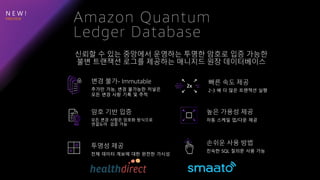 N E W !
암호 기반 입증
모든 변경 사항은 암호화 방식으로
연결도어 검증 가능
투명성 제공
전체 데이터 계보에 대한 완전한 가시성
변경 불가- Immutable
추가만 가능, 변경 불가능한 저널은
모든 변경 사항 기록 및 추적
높은 가용성 제공
자동 스케일 업/다운 제공
손쉬운 사용 방법
친숙한 SQL 질의문 사용 가능
빠른 속도 제공
2-3 배 더 많은 트랜잭션 실행
신뢰할 수 있는 중앙에서 운영하는 투명한 암호로 입증 가능한
불변 트랜잭션 로그를 제공하는 매니지드 원장 데이터베이스
Amazon Quantum
Ledger Database
 