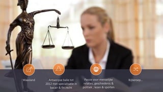 9/12/2019
Waasland Passie voor menselijke
relaties, geschiedenis &
politiek ; lezen & sporten
Antwerpse balie tot
2012 met specialisatie in
bacair & fin.recht
Bijberoep…
 