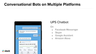 Conversational Bots on Multiple Platforms
UPS Chatbot
On
● Facebook Messenger
● Skype
● Google Assistant
● Amazon Alexa
 