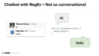 Chatbot with RegEx = Not so conversational
if(/hi/i.test(event.text)) {
reply(‘Hello’);
}
Hi
Hello
@girlie_mac
 