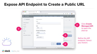 Expose API Endpoint to Create a Public URL
1
2
Click Create
Managed API
to open the
pop-up
3
Deﬁne the API
endpoint. Select
your Action.
4
@girlie_mac
 