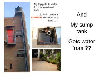 My tap gets its water
from an overhead
tank......
.....to which water is
PUMPED from my sump
tank........
And
My sump
tank
Gets water
from ??
 