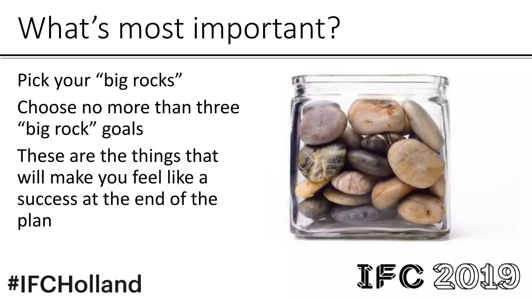 What’s most important?
Pick your “big rocks”
Choose no more than three
“big rock” goals
These are the things that
will make you feel like a
success at the end of the
plan
 