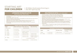 55
ANTI-RETROVIRAL THERAPY (ART)
STARTING ART
FOR CHILDREN
LOPINAVIR/ RITONAVIR (LPV/R)
MUST BE GIVEN TWICE DAILY
• The solution should be stored in a fridge. However it can be stored at room temperature up to 25O
C for
up to 6 weeks.
• Give with food (a high-fat meal is best).
• May need techniques to increase tolerance and palatability: coat mouth with peanut butter, dull taste
buds with ice, follow dose with sweet foods.
• Tablets must not be chewed, divided or crushed. Swallow them whole, with or without food.
• Side-effects include nausea, vomiting and diarrhoea. Continue if these are mild.
• There are many drug interactions, and doses must be adjusted for children on TB medicines.
(e.g. TB drugs).
LOPINAVIR/ RITONAVIR (choose one option)
Weight Solution: 80/20 mg/ml Tablet: 100/25 mg Tablet: 200/50 mg
≤3 kg or neonate Consult with expert
3 – < 5 kg 1 ml twice daily
5 – <10 kg 1.5 ml twice daily
10 – <14 kg 2 ml twice daily
2 tablets in morning 1
tablet in evening
14 – < 20 kg 2.5 ml twice daily 2 tablets twice daily 1 tablet once daily
20 – <25 kg 3 ml twice daily 2 tablets twice daily 1 tablet once daily
25 – <30 kg
3.5 ml twice daily
3 tablets twice daily
2 tablets in morning plus
1 tablet in evening
1 of each tablet twice daily
>30 kg 5 ml twice daily 4 tablets twice daily 2 tablets twice daily
DOLUTEGRAVIR (DTG) GIVE ONCE DAILY
• Dolutegravir belongs to a ARV drug class called integrase inhibitors.
• It is not recommended for children and adolescents weighing <20kg.
• Dolutegravir is well tolerated and can be taken with or without food.
• Can be taken in the morning or in the evening according to preference, but if the patient develops
insomnia it should be taken in the morning.
• Side-effects are usually mild and self-limiting, but may include insomnia, headache, central
nervous system (CNS) effects, gastrointestinal effects, and weight gain.
• There is a possible association between Dolutegravir and increased risk of neural tube defects
(NTD) if taken in the first six weeks of a pregnancy. Extra care must be taken among girls/
women living with HIV desiring pregnancy or who may be at risk of pregnancy for any reason.
• Standard Dose:
- Children ≥20kg and <35kg regardless of age: 50 mg daily (combined with ABC and 3TC)
- Children/ adolescents ≥35kg and ≥10 years of age: 50 mg daily (combined with TDF and 3TC
in the fixed dose formulation TLD).
DOLUTEGRAVIR / DTG (choose one option)
Weight Dose DTG tablet: 50 mg
TLD combination tablet
(TDF 300mg + 3TC 300mg
+ DTG 50mg)
≥35 kg 2 ml twice daily 1 tablet once daily
20 – < 35 kg 2 ml twice daily 1 tablet once daily
All children should receive three drugs in
their ART regimen (p. 52)
 