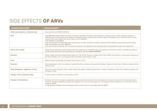 60
SIDE EFFECTS OF ARVs
SIGNS/SYMPTOMS MANAGEMENT
Yellow eyes (jaundice) or abdominal pain • Stop medicines and REFER URGENTLY.
Rash • If on abacavir, assess carefully. Are there any signs & symptoms of Abacavir hypersensitivity: Is there any fever, nausea, vomiting, diarrhoea or
abdominal pain? Is there generalized fatigue or achiness? Is there any shortness of breath, cough or pharyngitis? If the child has at least 2 of the
above, do NOT stop medicine but call for advice or refer URGENTLY.
• If on efavirenz or nevirapine:
• If the rash is severe and associated with symptoms such as fever, vomiting, oral lesions, blistering, facial swelling, conjunctivitis and skin peeling,
STOP all mediciness and refer URGENTLY.
• If the rash is mild to moderate, with no systemic symptoms; the medicine can be continued with no interruption but under close observation.
Nausea and vomiting • Advise that the medicines should be given with food. If persists for more than 2 weeks or worsens, call for advice or refer. If vomiting everything, or
vomiting associated with severe abdominal pain or difficult breathing, REFER URGENTLY.
Diarrhoea • Assess, classify and treat using diarrhoea charts (p. 4, 26, 42-43). Reassure caregiver that if due to ARV, it will improve in a few weeks. Follow-up as
per Chart Booklet (p. 47). If not improved after two weeks, call for advice or refer.
Fever • Assess, classify and manage according to Fever Chart (p. 3, 27).
Headache • Give paracetamol (p. 40). If on efavirenz, reassure that this is common and usually self-limiting. If persists for more than 2 weeks or worsens, call for
advice or refer.
Sleep disturbances, nightmares, anxiety • This may be due to efavirenz. Give at night; counsel and support (usually lasts less than 3 weeks). If persists for more than 2 weeks or worsens, call
for advice or refer.
Tingling, numb or painful feet/legs • If new or worse on treatment, call for advice or refer.
Changes in fat distribution • Ask about and look for changes in appearance, especially thinness around the face and temples and excess fat around the tummy and shoulders.
• If child on stavudine: Substitute stavudine with abacavir if VL is less than 50 copies/mL. If VL is greater than 50 copies/mL or if the child is not on
stavudine, REFER.
• If child develops enlarged breasts (lipomastia) which is severe and/or occurs before puberty, REFER.
ANTI-RETROVIRAL THERAPY (ART)
 
