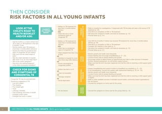 6 IMCI PROCESS FOR ALL YOUNG INFANTS (Birth up to two months)
THEN CONSIDER
RISK FACTORS IN ALL YOUNG INFANTS
LOOK ATTHE
CHILD’S ROAD TO
HEALTH BOOKLET
AND/OR ASK:
• Has the mother or a close contact had
TB or been on TB treatment in the last
6 months? If yes:
• Did the mother start TB treatment
more than 2 months before delivery?
• Assess the infant for symptoms and
signs of congenital TB (box below).
• How much did the infant weigh at
birth?
• Was the infant admitted to hospital
after birth? If so, for how many days?
• Who is the child’s caregiver?
• How old is the mother/caregiver?
• Is the infant exclusively breastfed?
CHECK FOR SIGNS
AND SYMPTOMS OF
CONGENITALTB
Congenital TB may be asymptomatic.
Symptoms suggestive of TB:
• Low birth weight
• Poor feeding
• Poor weight gain
• Fever
• Lethargy/ irritability
•
•
•
Fast breathing/ shortness of breath
Enlarged lymph nodes
Enlarged liver and/ or spleen
CLASSIFY
ALL YOUNG
INFANT
• Mother on TB treatment for
less than 2 months before
delivery
AND
• Infant has one or more
symptoms/ signs of
congenital TB
POSSIBLE
CONGENITAL
TB
• Refer to hospital for investigations. If diagnosed with TB the baby will need a full course of TB
treatment (p. 39).
• Give BCG on completion of INH or TB treatment.
• Ask about the caregiver’s health, and treat as necessary (p. 10)
• Provide follow-up (p. 51).
• Mother on TB treatment for
more than 2 months before
delivery
AND
• Infant has no symptoms/
signs of congenital TB
TB
EXPOSED
• Give INH for 6 months if mother has received TB treatment for more than 2 months before
delivery (p. 38)
• Give BCG on completion of INH or TB treatment
• Consider HIV infection in the infant (p. 7)
• Ask about the caregiver’s health, and treat as necessary (p. 10)
• Provide follow-up (p. 51)
• Infant weighed less than 2 kg
at birth
Admitted to hospital for more
than three days after delivery
Known neurological or
congenital problem
OR
•
•
AT
RISK
INFANT
• Monitor growth and health more frequently
• Assess feeding and encourage breastfeeding (p. 21 - 23)
• Conduct home visits to assess feeding and growth
• Encourage mother to attend follow-up appointments and refer to other services if indicated
(further medical assessment, so-cial worker, support group )
• Make sure that the birth has been registered and that the child is receiving a child support grant
if eligible
• Mother has died or is ill
OR
• Infant not breastfed
OR
• Teenage caregiver
OR
• Social deprivation POSSIBLE
SOCIAL
PROBLEM
• Assess breastfeeding and support mother to breastfeed suc-cessfully (p. 21 - 23)
• If not breastfeeding, counsel and explain safe replacement feeding (p. 20, 24 - 25)
• Monitor growth and health more frequently
• Conduct home visits to assess feeding and growth
• Make sure that the birth has been registered and that the child is receiving a child support grant
if eligible.
• Refer to other available services if indicated (social worker, community based organisations)
• No risk factors
• Counsel the caregiver on home care for the young
• No risk factors
NO
RISK
FACTORS
• Counsel the caregiver on home care for the young infant (p. 14)
OR
 