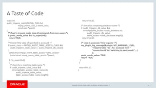 Copyright © 2019, Oracle and/or its affiliates. All rights reserved. |
A Taste of Code
static int
audit_tripwire_notify(MYSQL_THD thd,
mysql_event_class_t event_class,
const void *event)
{
/* if we're in panic mode stop all commands from non-supers */
if (panic_mode_value && !is_super(thd))
return TRUE;
/* Check if the table (if specified) is accessed */
if (event_class == MYSQL_AUDIT_TABLE_ACCESS_CLASS &&
(audit_tripwire_table_value || audit_tripwire_db_value))
{
const struct mysql_event_table_access *table_access=
(const struct mysql_event_table_access *)event;
if (!is_super(thd))
{
/* check for a matching table name */
if (audit_tripwire_table_value &&
strncmp(table_access->table_name.str,
audit_tripwire_table_value,
table_access->table_name.length))
return FALSE;
/* check for a matching database name */
if (audit_tripwire_db_value &&
strncmp(table_access->table_database.str,
audit_tripwire_db_value,
table_access->table_database.length))
return FALSE;
/* table is accessed. Time to panic ! */
my_plugin_log_message(&plugin, MY_WARNING_LEVEL,
"Tripwire table `%s`.`%s` accessed from "
"connection id %d. Switching to panic mode",…)
);
panic_mode_value= TRUE;
return TRUE;
}
}
return FALSE;
}
14
 