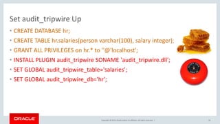 Copyright © 2019, Oracle and/or its affiliates. All rights reserved. |
Set audit_tripwire Up
• CREATE DATABASE hr;
• CREATE TABLE hr.salaries(person varchar(100), salary integer);
• GRANT ALL PRIVILEGES on hr.* to ''@'localhost';
• INSTALL PLUGIN audit_tripwire SONAME 'audit_tripwire.dll';
• SET GLOBAL audit_tripwire_table='salaries';
• SET GLOBAL audit_tripwire_db='hr';
16
 