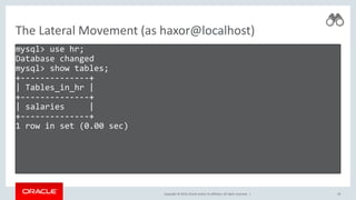 Copyright © 2019, Oracle and/or its affiliates. All rights reserved. |
The Lateral Movement (as haxor@localhost)
mysql> use hr;
Database changed
mysql> show tables;
+--------------+
| Tables_in_hr |
+--------------+
| salaries |
+--------------+
1 row in set (0.00 sec)
18
 