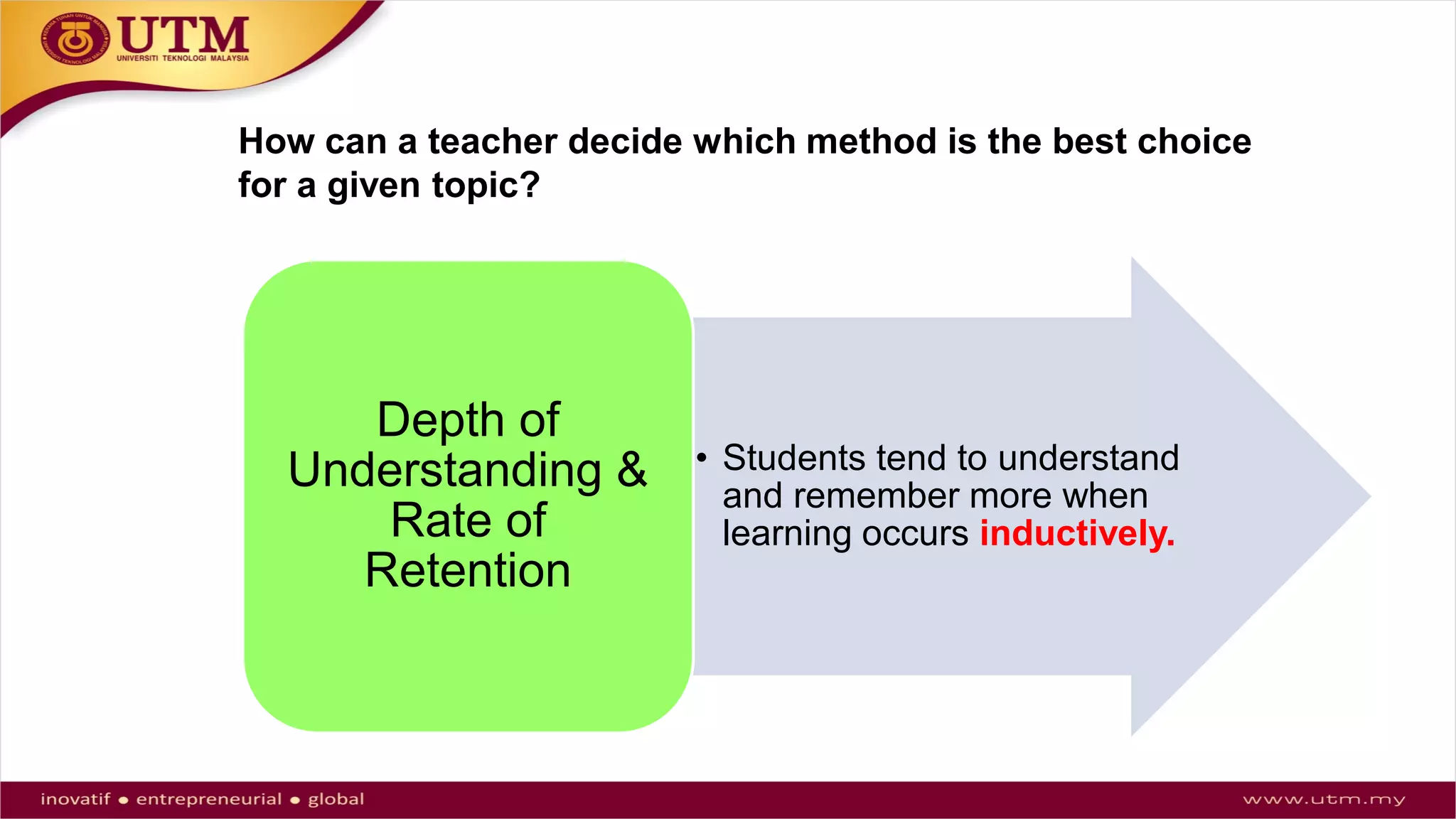 How can a teacher decide which method is the best choice
for a given topic?
• Students tend to understand
and remember more when
learning occurs inductively.
Depth of
Understanding &
Rate of
Retention
 