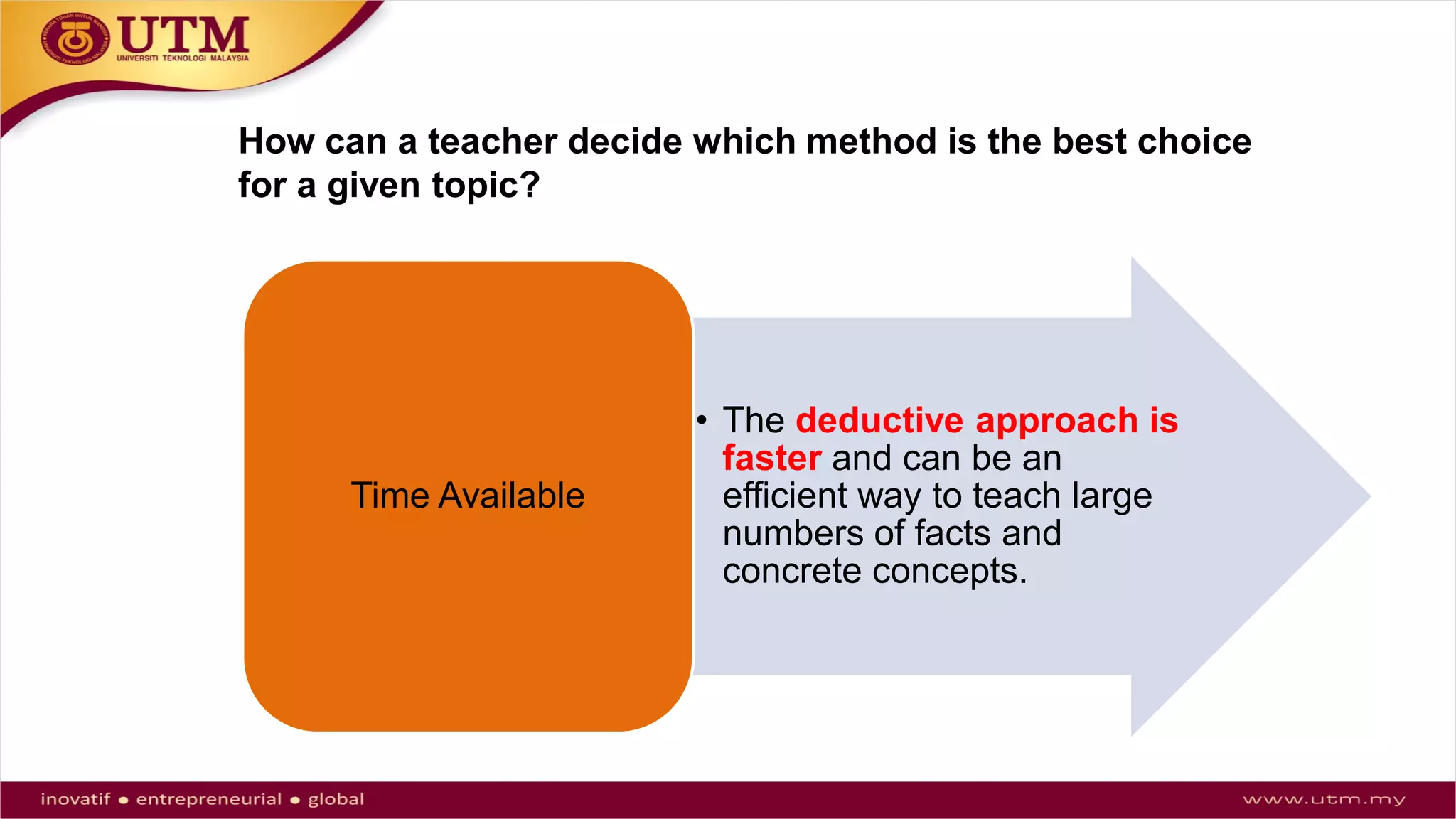 How can a teacher decide which method is the best choice
for a given topic?
• The deductive approach is
faster and can be an
efficient way to teach large
numbers of facts and
concrete concepts.
Time Available
 