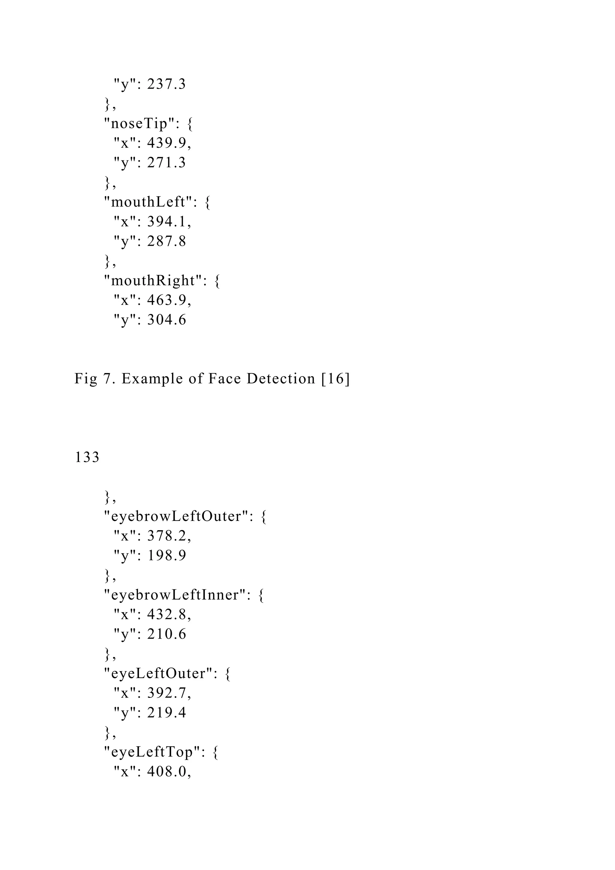 "y": 237.3
},
"noseTip": {
"x": 439.9,
"y": 271.3
},
"mouthLeft": {
"x": 394.1,
"y": 287.8
},
"mouthRight": {
"x": 463.9,
"y": 304.6
Fig 7. Example of Face Detection [16]
133
},
"eyebrowLeftOuter": {
"x": 378.2,
"y": 198.9
},
"eyebrowLeftInner": {
"x": 432.8,
"y": 210.6
},
"eyeLeftOuter": {
"x": 392.7,
"y": 219.4
},
"eyeLeftTop": {
"x": 408.0,
 