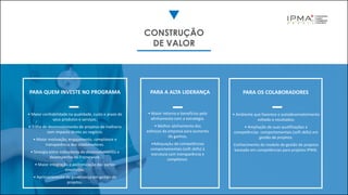 CONSTRUÇÃO
DE VALOR
PARA QUEM INVESTE NO PROGRAMA
• Maior confiabilidade na qualidade, custo e prazo de
seus produtos e serviços.
• Trilha de desenvolvimento de projetos de melhoria
com impacto direto ao negócio.
• Maior motivação, engajamento, compliance e
transparência dos colaboradores.
• Sinergia entre indicadores de desenvolvimento e
desempenho no Framework.
• Maior integração e padronização das partes
envolvidas.
• Aprimoramento da governança em gestão de
projetos.
• Maior retorno e benefícios pelo
alinhamento com a estratégia.
• Melhor alinhamento dos
esforços da empresa para aumento
de ganhos.
•Adequação de competências
comportamentais (soft skills) à
estrutura com transparência e
compliance.
PARA A ALTA LIDERANÇA PARA OS COLABORADORES
• Ambiente que favorece o autodesenvolvimento
voltado a resultados;
• Ampliação de suas qualificações e
competências comportamentais (soft skills) em
gestão de projetos.
Conhecimento do modelo de gestão de projetos
baseado em competências para projetos IPMA.
 