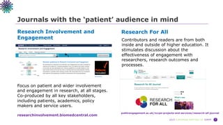 2019 EUROPEAN MEETING OF ISMPP 7
Journals with the ‘patient’ audience in mind
Research Involvement and
Engagement
Research...