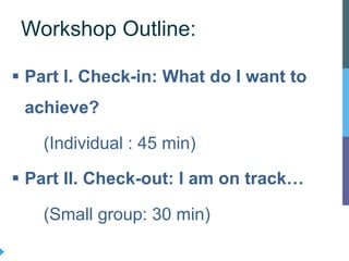 § Part I. Check-in: What do I want to
achieve?
(Individual : 45 min)
§ Part II. Check-out: I am on track…
(Small group: 30 min)
Workshop Outline:
 