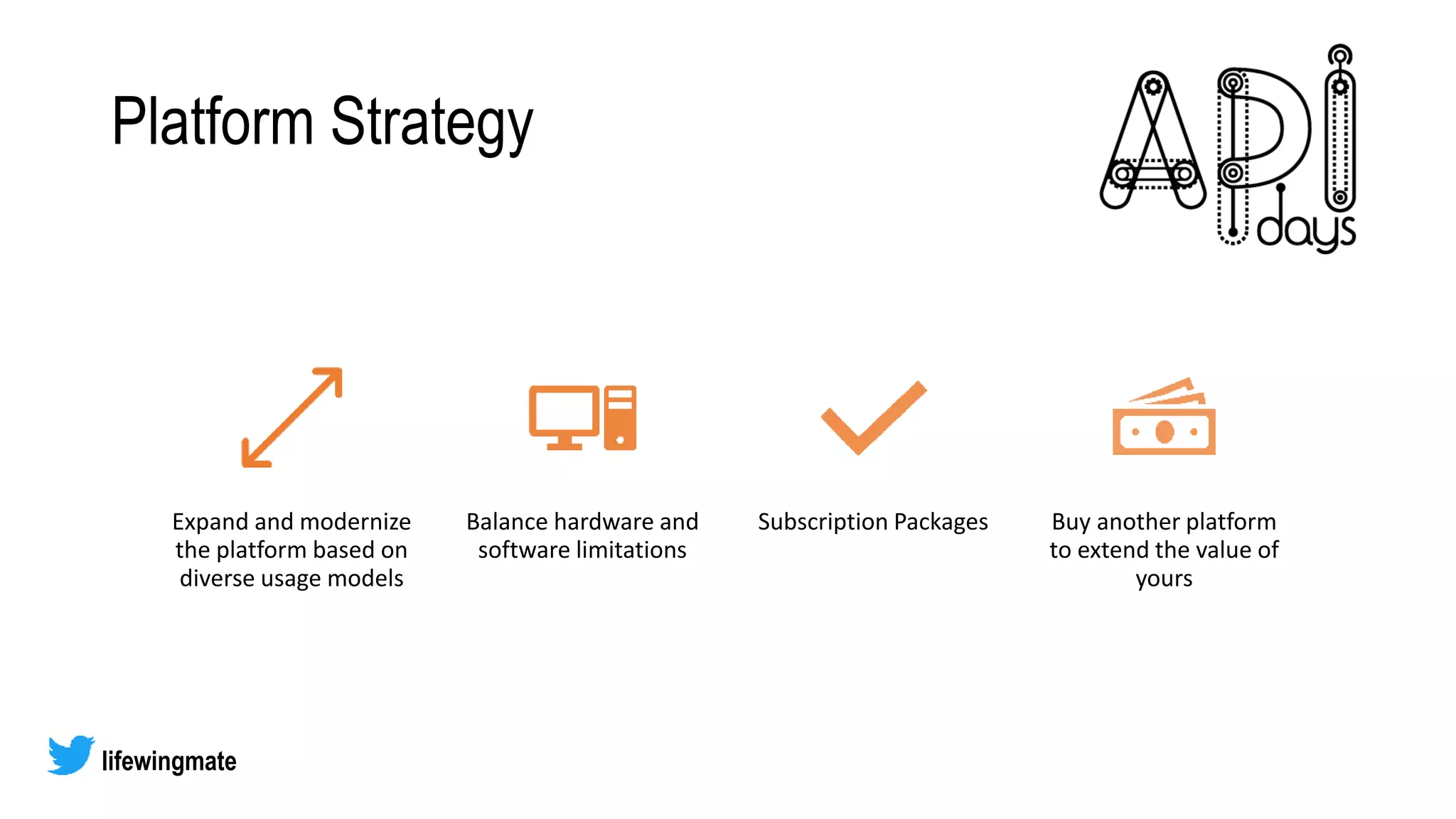 Platform Strategy
Expand and modernize
the platform based on
diverse usage models
Balance hardware and
software limitations
Subscription Packages Buy another platform
to extend the value of
yours
lifewingmate
 