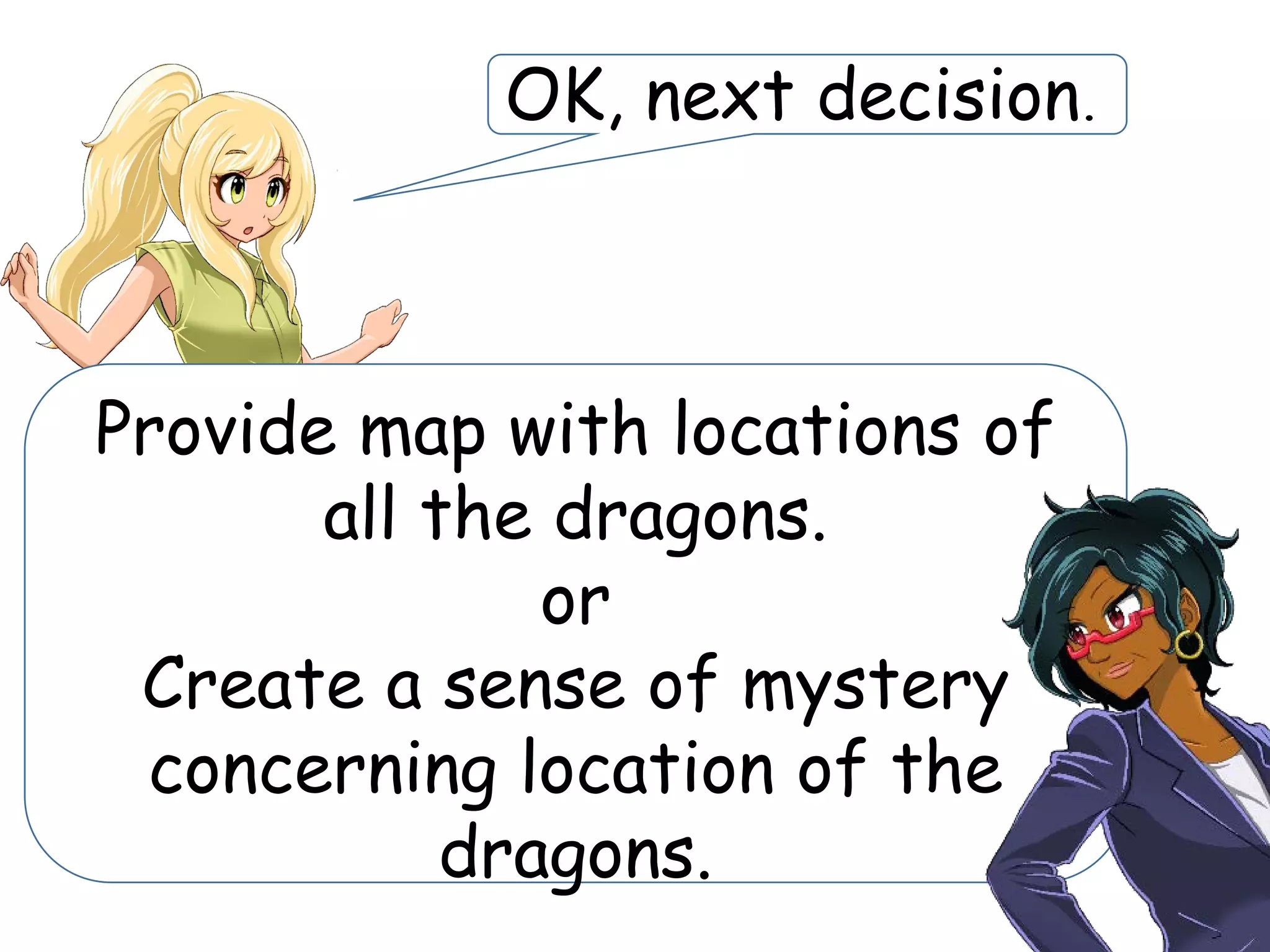 OK, next decision.
Provide map with locations of
all the dragons.
or
Create a sense of mystery
concerning location of the
dragons.
 