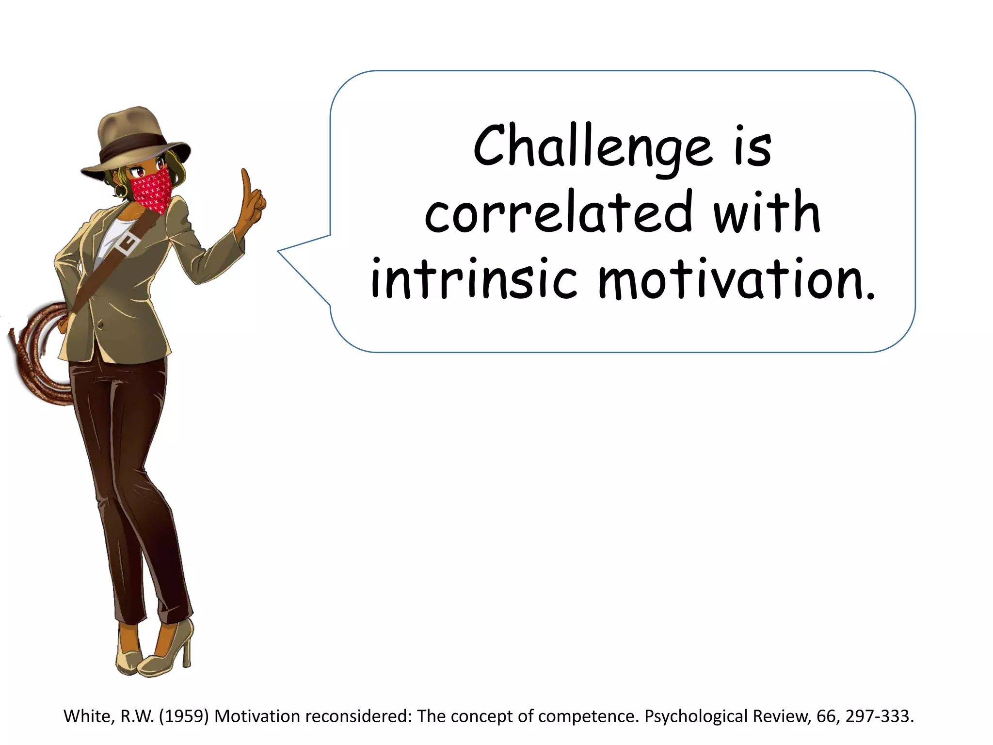Challenge is
correlated with
intrinsic motivation.
White, R.W. (1959) Motivation reconsidered: The concept of competence. Psychological Review, 66, 297-333.
 