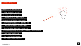 © innovation copilots 2019
LES 10 PROCHAINES ANNÉES SONT : (
TOUT N’EST PAS MODÉLISABLE
ON NE GÈRE PAS LES DÉFICITS CULTURELS
ON NE PENSE PAS SYSTÈME
ON NE COMPRENDS TOUJOURS PAS LE NUMÉRIQUE (SÉRIEUSEMENT)
LES GRANDS GROUPES SE SURESTIMENT
LES GRANDS GROUPES AIMENT LE STATUS QUO
LES MARCHÉS NE VEULENT PAS CHANGER
L’INNOVATION SE VOIT A POSTERIORI
ON N’ASSUME PAS LE “SCHLEP”
ON NE VOIT QUE LE PRODUIT
ON NE VOIT QUE LA TECHNOLOGIE
VOTRE VALORISATION
€
€
€
€
€
€ €
€
€€
€
A
 