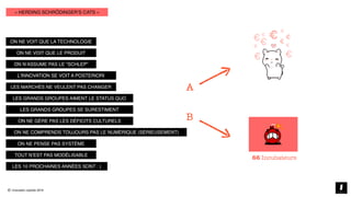 © innovation copilots 2019
LES 10 PROCHAINES ANNÉES SONT : (
TOUT N’EST PAS MODÉLISABLE
ON NE GÈRE PAS LES DÉFICITS CULTURELS
ON NE PENSE PAS SYSTÈME
ON NE COMPRENDS TOUJOURS PAS LE NUMÉRIQUE (SÉRIEUSEMENT)
LES GRANDS GROUPES SE SURESTIMENT
LES GRANDS GROUPES AIMENT LE STATUS QUO
LES MARCHÉS NE VEULENT PAS CHANGER
L’INNOVATION SE VOIT A POSTERIORI
ON N’ASSUME PAS LE “SCHLEP”
ON NE VOIT QUE LE PRODUIT
ON NE VOIT QUE LA TECHNOLOGIE
66 Incubateurs
€
€
€
€
€
€ €
€
€€
€
A
B
« HERDING SCHRÖDINGER’S CATS »
 