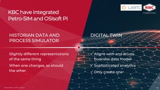 2
Proprietary Information
 Aligns with and drives
business data model
 Sophisticated analytics
 Only create one
DIGITAL TWIN
Slightly different representations
of the same thing
When one changes, so should
the other
HISTORIAN DATA AND
PROCESS SIMULATOR
KBChaveintegrated
Petro-SIMandOSIsoftPI
1
 