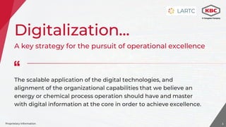 3Proprietary Information 3
Digitalization...
A key strategy for the pursuit of operational excellence
The scalable application of the digital technologies, and
alignment of the organizational capabilities that we believe an
energy or chemical process operation should have and master
with digital information at the core in order to achieve excellence.
 