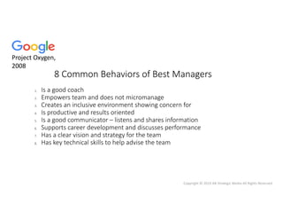 Copyright © 2019 AB Strategic Media All Rights Reserved
1. Is a good coach
2. Empowers team and does not micromanage
3. Creates an inclusive environment showing concern for
4. Is productive and results oriented
5. Is a good communicator – listens and shares information
6. Supports career development and discusses performance
7. Has a clear vision and strategy for the team
8. Has key technical skills to help advise the team
8 Common Behaviors of Best Managers
Project Oxygen,
2008
 