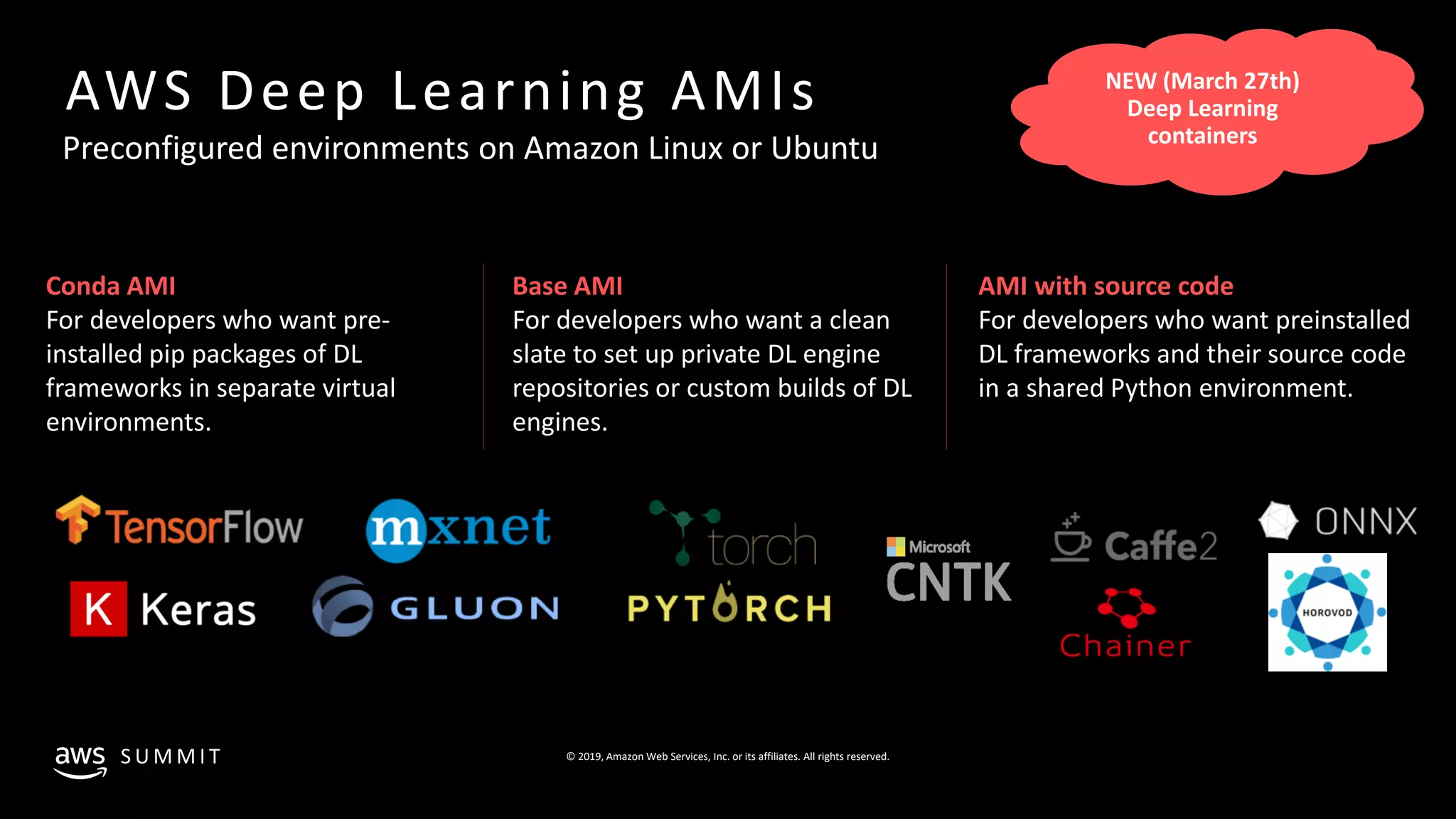 © 2019, Amazon Web Services, Inc. or its affiliates. All rights reserved.S U M M I T
© 2018, Amazon Web Services, Inc. or Its Affiliates. All rights reserved.
AWS Deep Learning AMIs
Preconfigured environments on Amazon Linux or Ubuntu
Conda AMI
For developers who want pre-
installed pip packages of DL
frameworks in separate virtual
environments.
Base AMI
For developers who want a clean
slate to set up private DL engine
repositories or custom builds of DL
engines.
AMI with source code
For developers who want preinstalled
DL frameworks and their source code
in a shared Python environment.
 