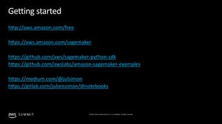 © 2019, Amazon Web Services, Inc. or its affiliates. All rights reserved.S U M M I T
© 2018, Amazon Web Services, Inc. or Its Affiliates. All rights reserved.
Getting started
http://aws.amazon.com/free
https://aws.amazon.com/sagemaker
https://github.com/aws/sagemaker-python-sdk
https://github.com/awslabs/amazon-sagemaker-examples
https://medium.com/@julsimon
https://gitlab.com/juliensimon/dlnotebooks
 