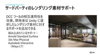 サードパーティの ダ グ素材サ ート
DCC 相互運 性
改善 開 者 Unity 選
択 素材 対
加
組 込 ：
Arnold Standard Surface
3ds Max Physical
Autodesk Interactive
（Maya LT）
アーティスト向けツー とテクノ ジー
 