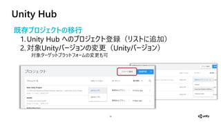 Unity Hub
14
既存プ ジェクトの移行
1.Unity Hub （ 加）
2.対象Unity 更（Unity ）
対象 更 可
 