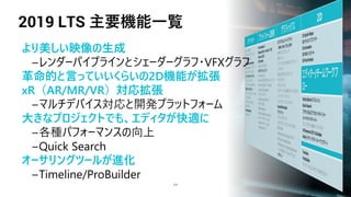2019 LTS 主要機能一覧
131
より美しい映像の生成
VFX
革命的と言っていいくらいの2D機能が拡張
xR（AR/MR/VR）対応拡張
対応 開
大きなプ ジェクトでも、エディタが快適に
各種 向上
Quick Search
オーサリ グツー が進化
Timeline/ProBuilder
 