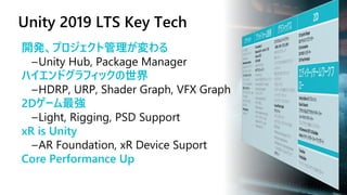 Unity 2019 LTS Key Tech
開発、プ ジェクト管理が変わる
Unity Hub, Package Manager
ハイエ ドグラフィックの世界
HDRP, URP, Shader Graph, VFX Graph
2Dゲーム最強
Light, Rigging, PSD Support
xR is Unity
AR Foundation, xR Device Suport
Core Performance Up
 